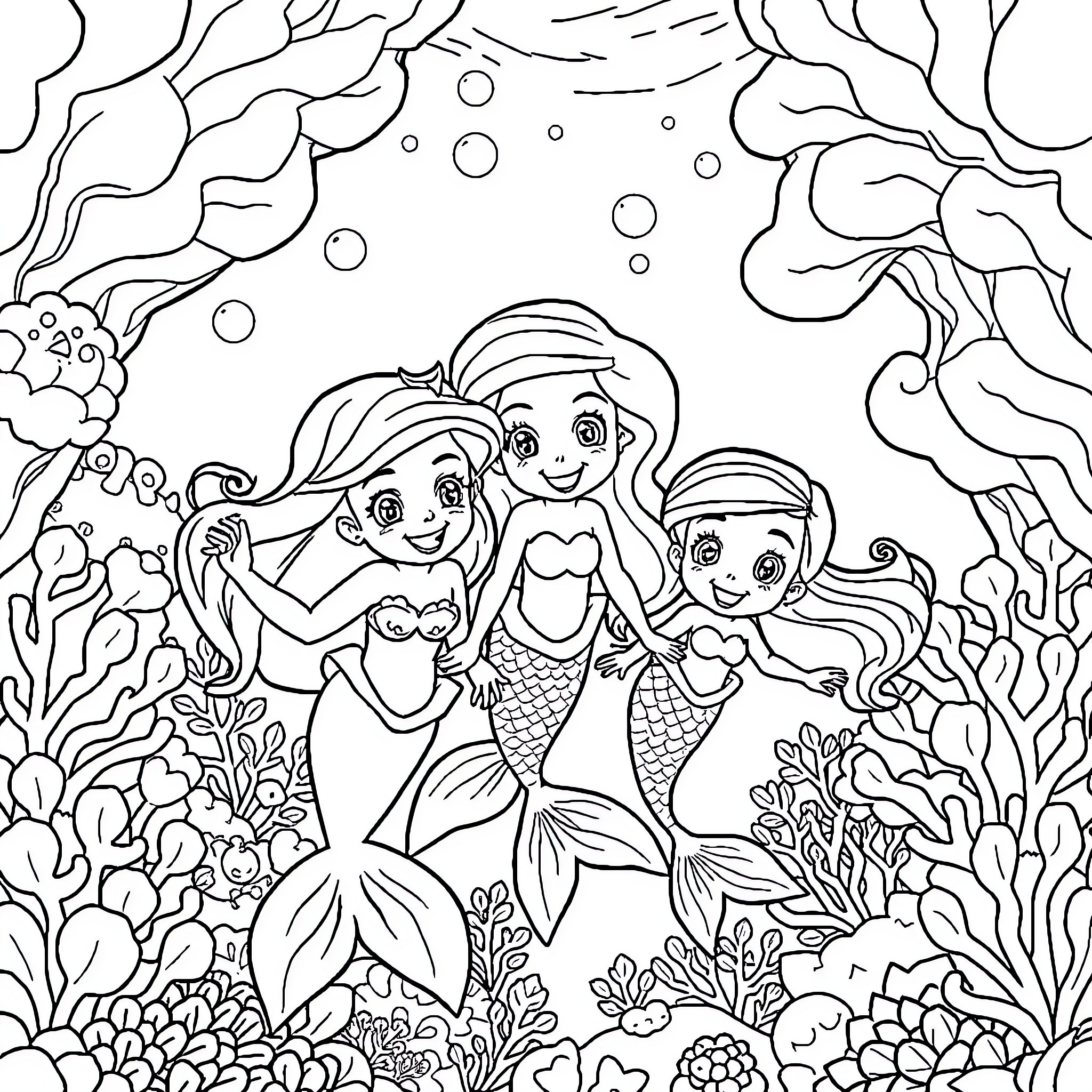Mermaid friends exploring the underwater world Coloring Page (free black-and-white line drawing printable PDF for all, from beginners to advanced learners, including children, teens, adults, and seniors)