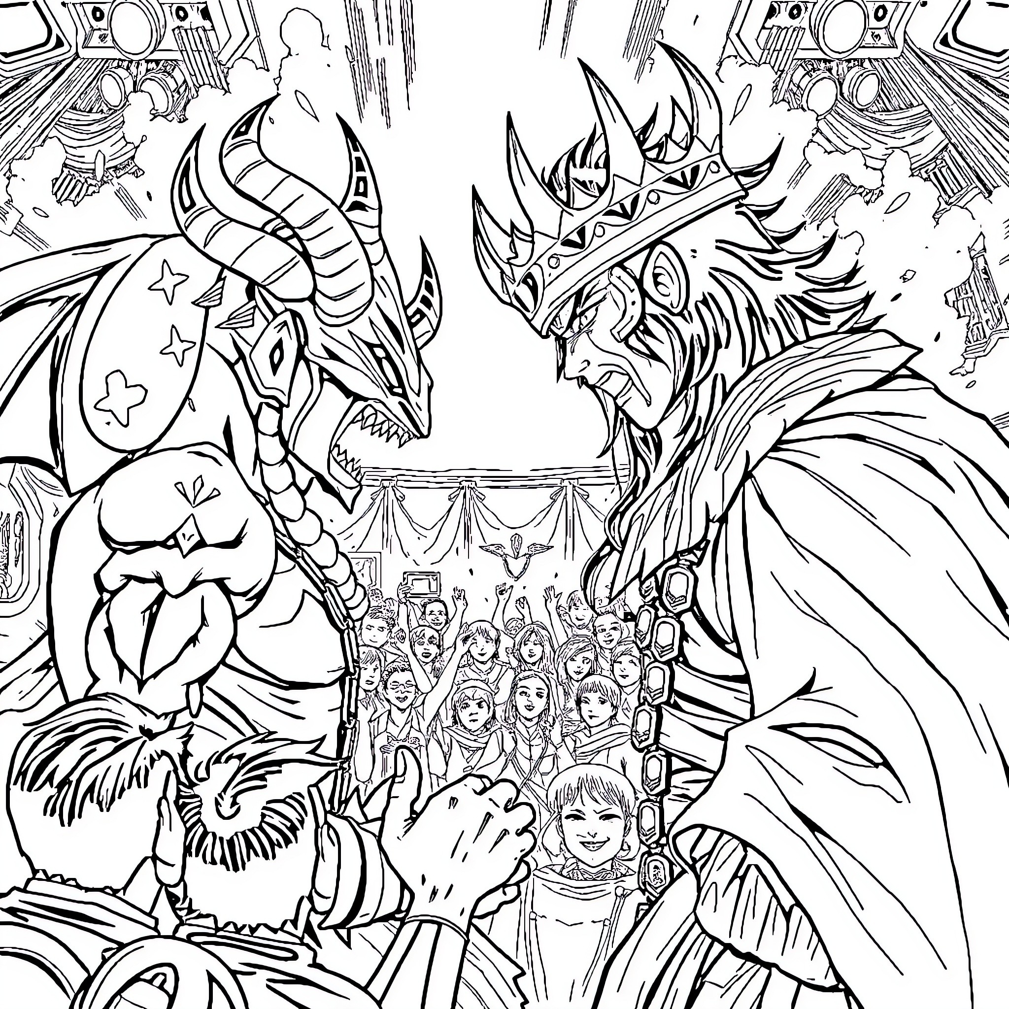 Devil Jin's Fierce Confrontation with Crowd Coloring Page (free black-and-white line drawing printable PDF for all, from beginners to advanced learners, including children, teens, adults, and seniors)
