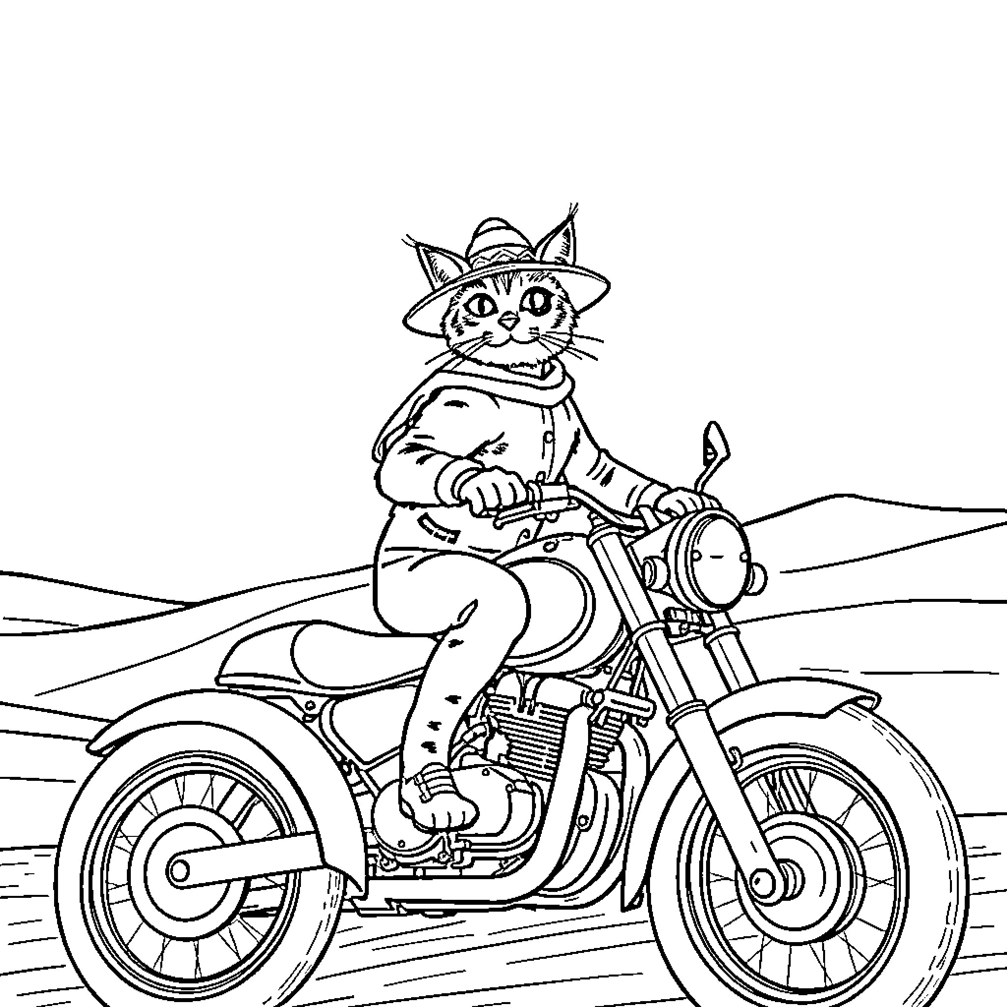 Cat riding a motorcycle on a rural road Coloring Page (free black-and-white line drawing printable PDF for all, from beginners to advanced learners, including children, teens, adults, and seniors)
