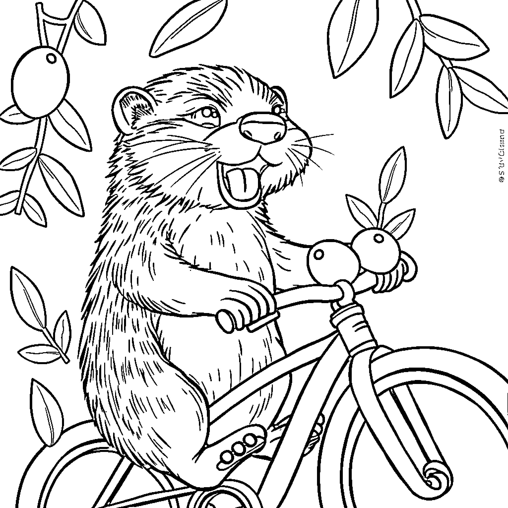 Otter riding a bicycle in a nature setting Coloring Page (free black-and-white line drawing printable PDF for all, from beginners to advanced learners, including children, teens, adults, and seniors)