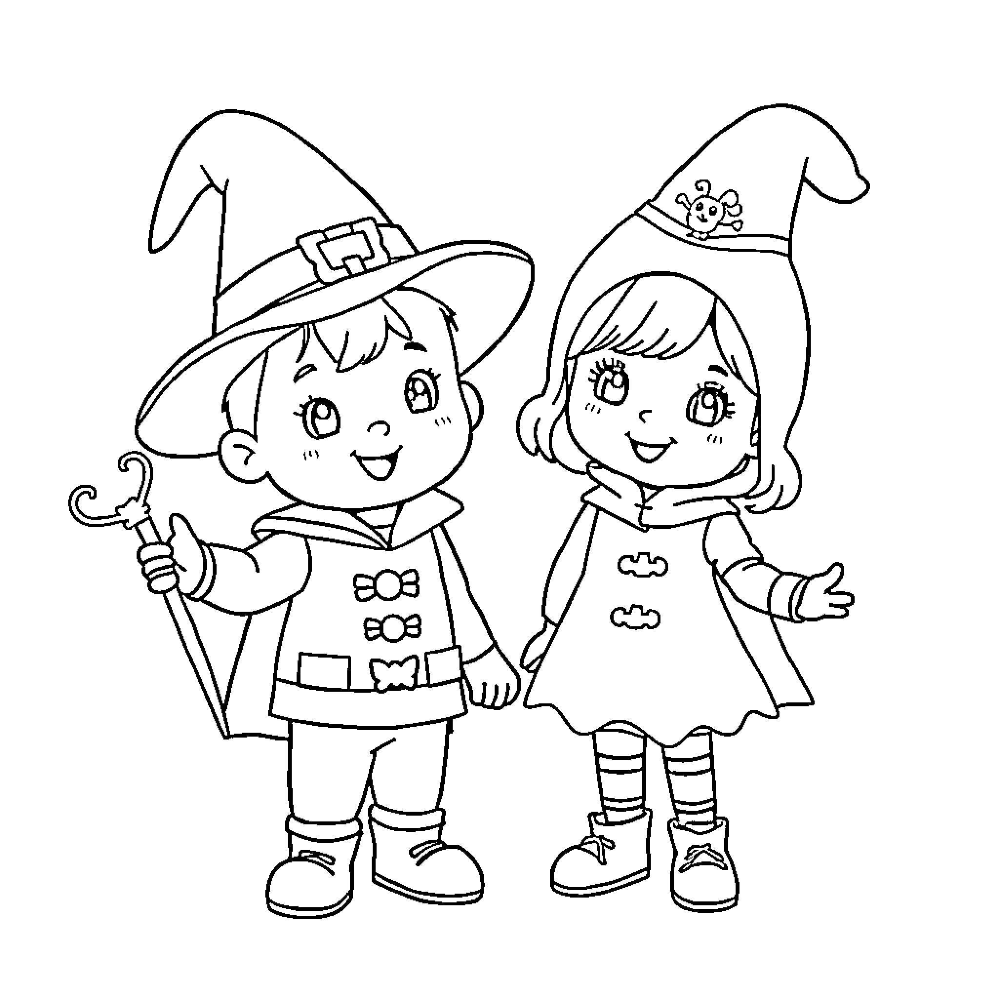 Pocoyo and Friend in Halloween Costumes Coloring Page (free black-and-white line drawing printable PDF for all, from beginners to advanced learners, including children, teens, adults, and seniors)