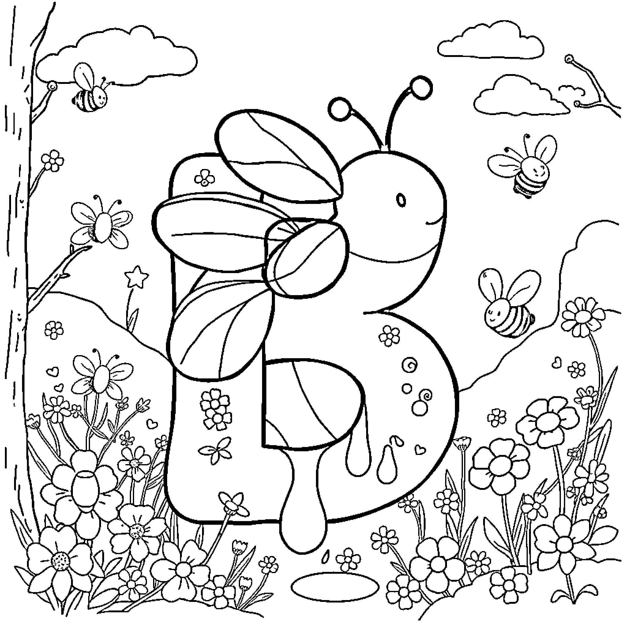 Bugs Bouncing Blossoms Brightly Coloring Page (free black-and-white line drawing printable PDF for all, from beginners to advanced learners, including children, teens, adults, and seniors)