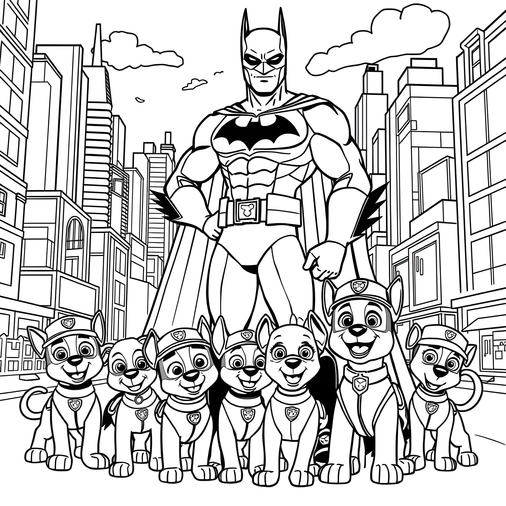 Batman and the Paw Patrol Team Up Coloring Page (free black-and-white line drawing printable PDF for all, from beginners to advanced learners, including children, teens, adults, and seniors)