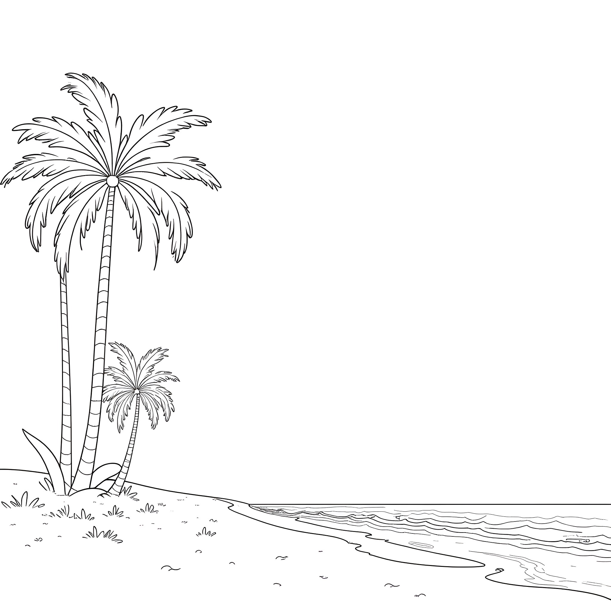 Palm Tree Silhouettes on a Tropical Beach Coloring Page (free black-and-white line drawing printable PDF for all, from beginners to advanced learners, including children, teens, adults, and seniors)