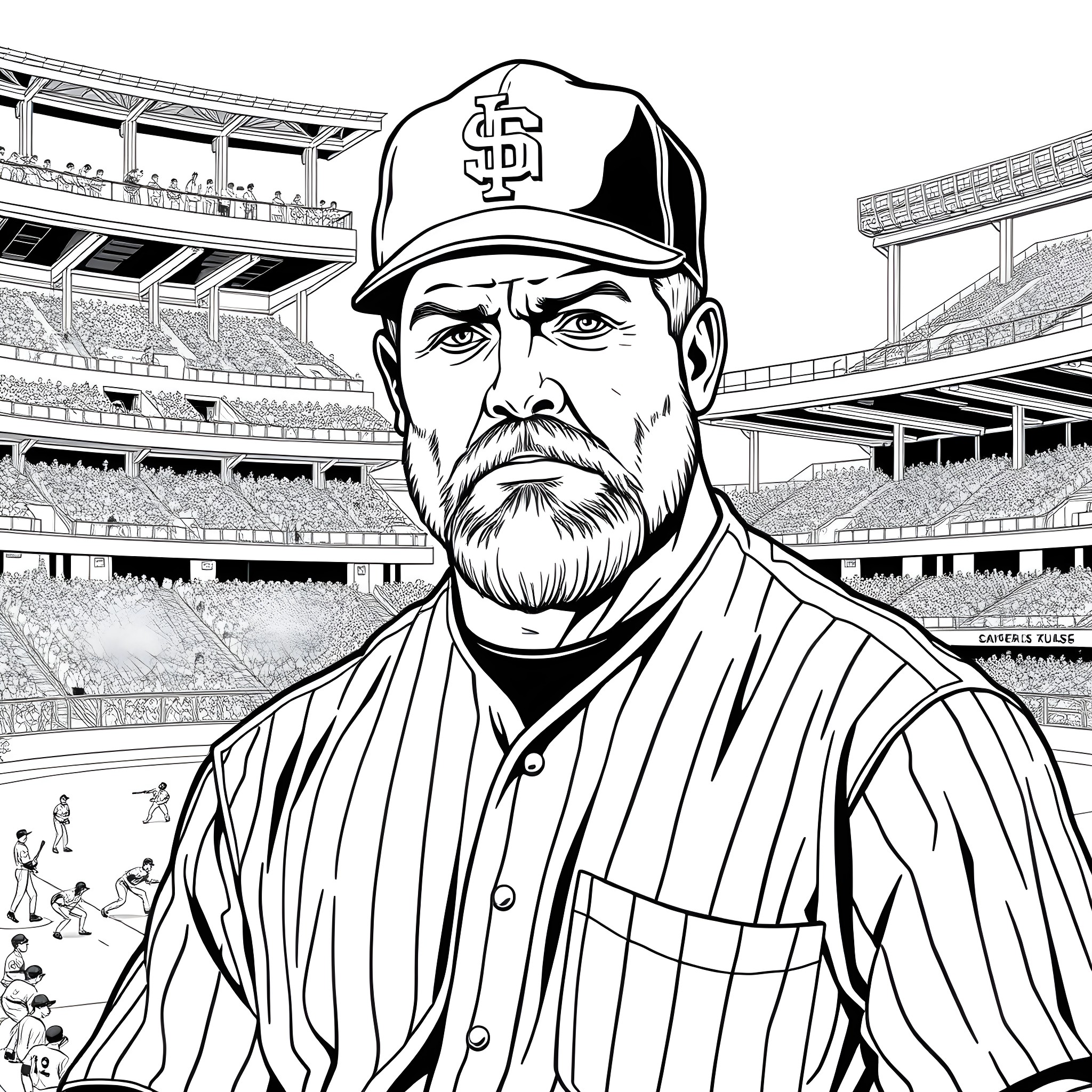 Umpire Overseeing Baseball Game in Stadium Coloring Page (free black-and-white line drawing printable PDF for all, from beginners to advanced learners, including children, teens, adults, and seniors)