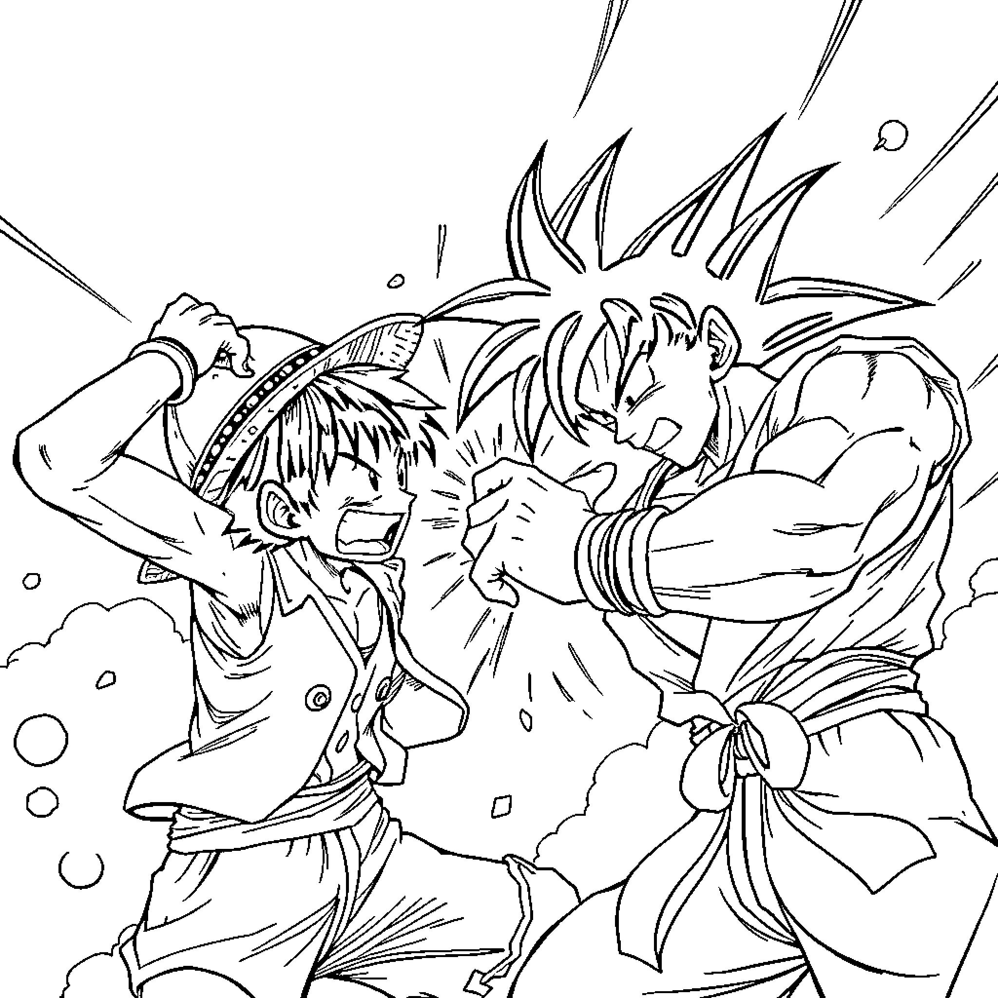 Luffy's Fierce Battle with a Powerful Opponent Coloring Page (free black-and-white line drawing printable PDF for all, from beginners to advanced learners, including children, teens, adults, and seniors)