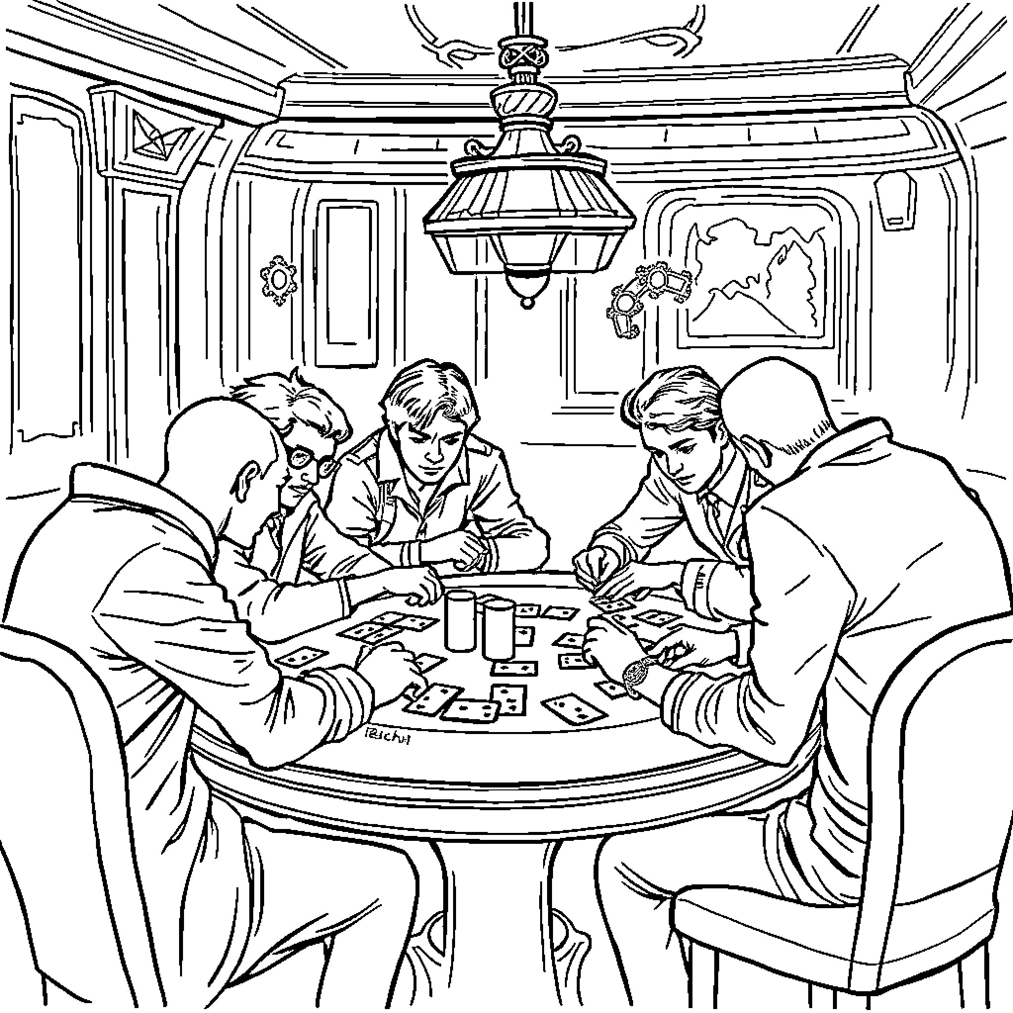 Players engaged in intense card game in elegant setting Coloring Page (free black-and-white line drawing printable PDF for all, from beginners to advanced learners, including children, teens, adults, and seniors)