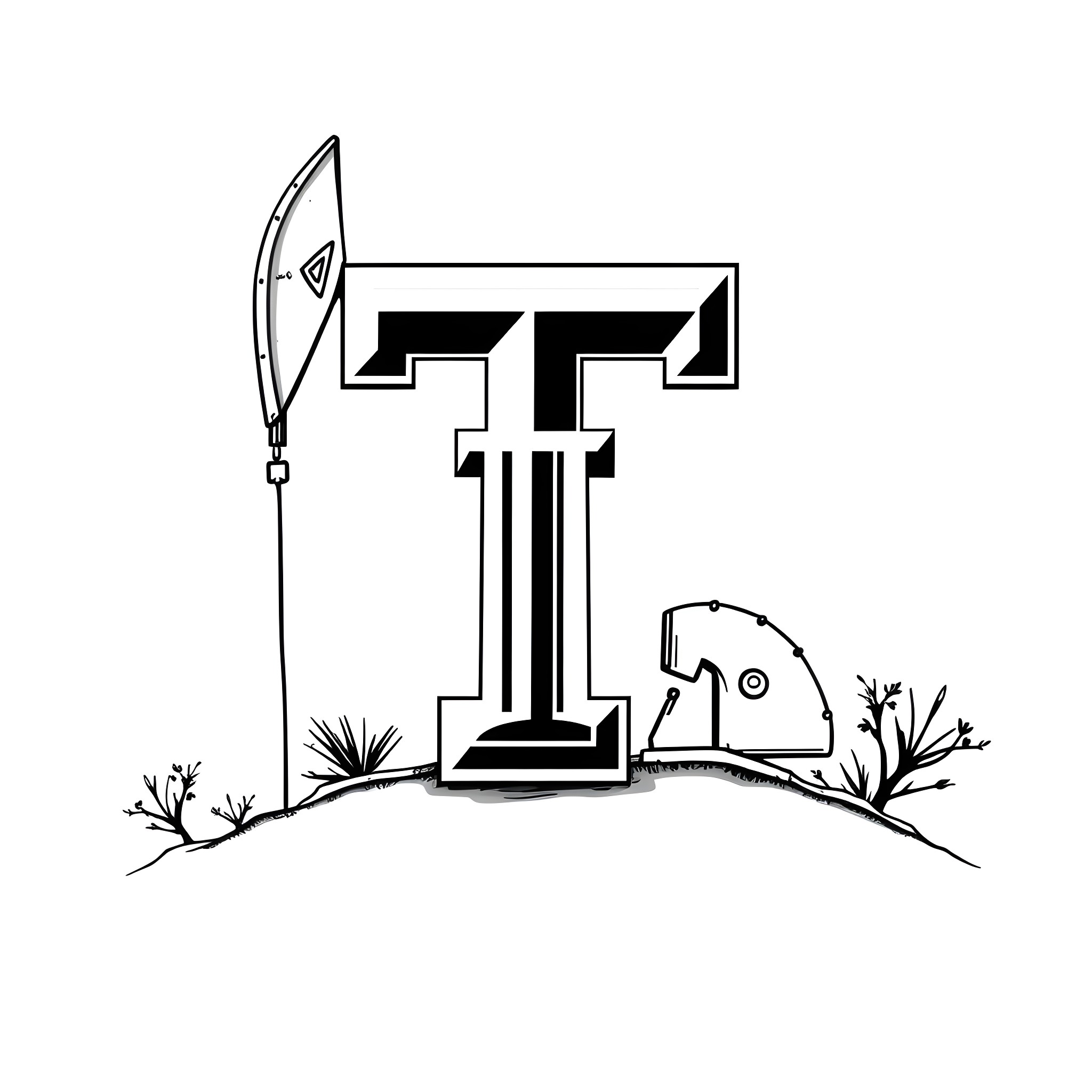 Texas Tech Logo with Swords and Rider Coloring Page (free black-and-white line drawing printable PDF for all, from beginners to advanced learners, including children, teens, adults, and seniors)
