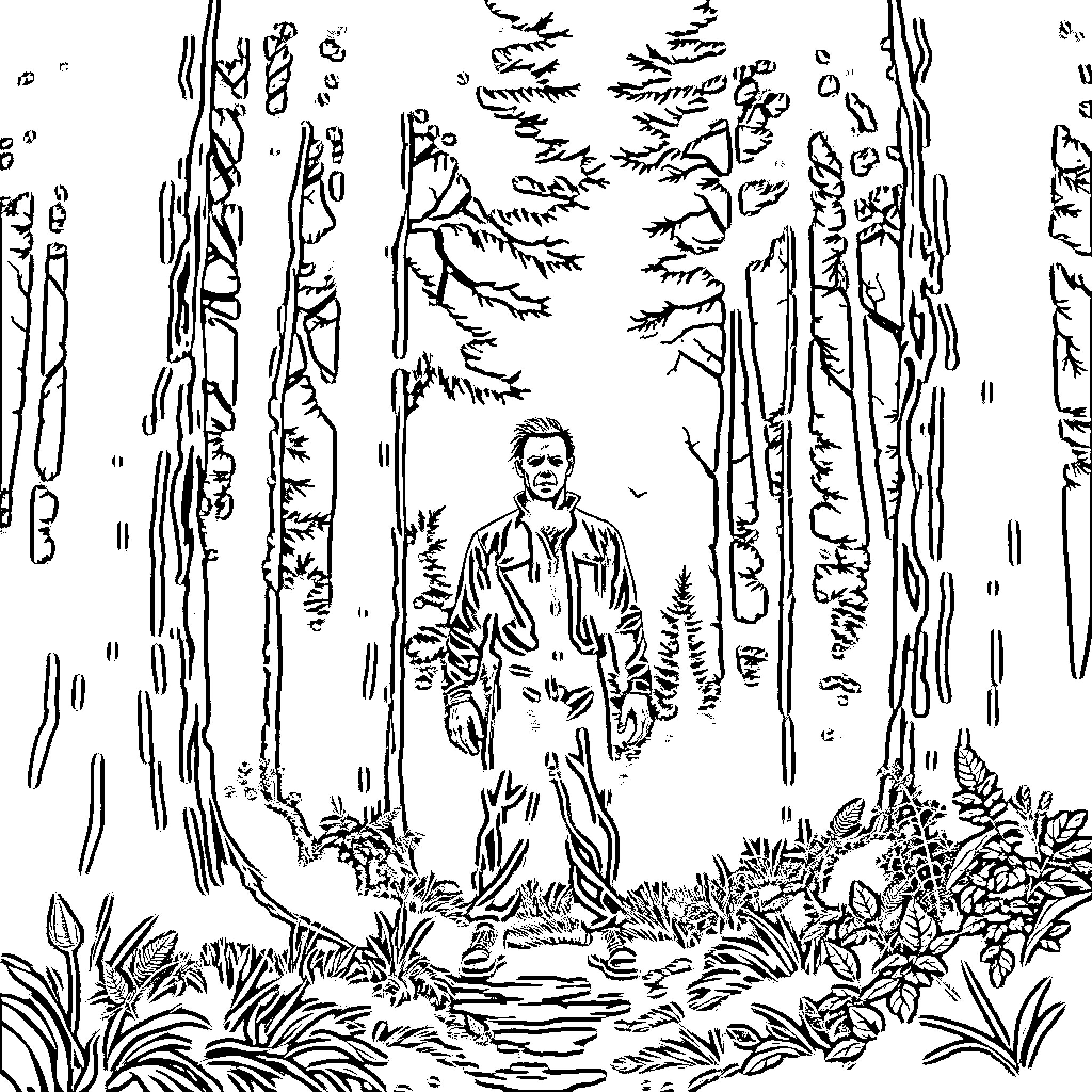 Michael Myers stalking through the forest Coloring Page (free black-and-white line drawing printable PDF for all, from beginners to advanced learners, including children, teens, adults, and seniors)