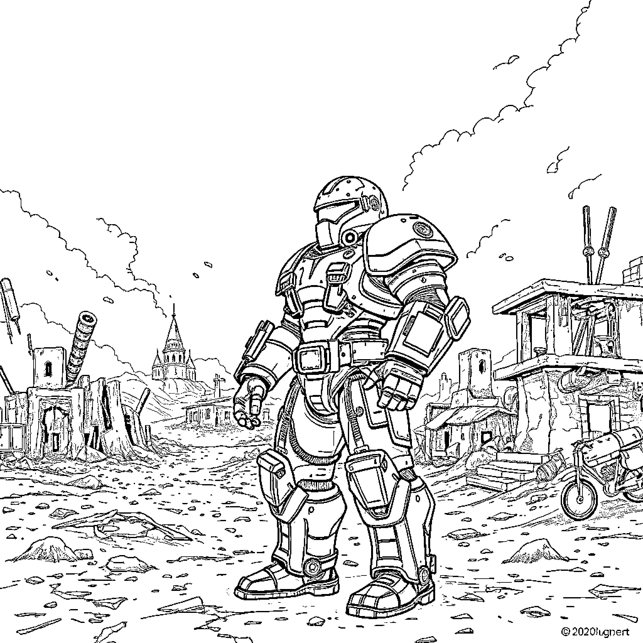 Power Armor in Desolate Wasteland Ruins Coloring Page (free black-and-white line drawing printable PDF for all, from beginners to advanced learners, including children, teens, adults, and seniors)