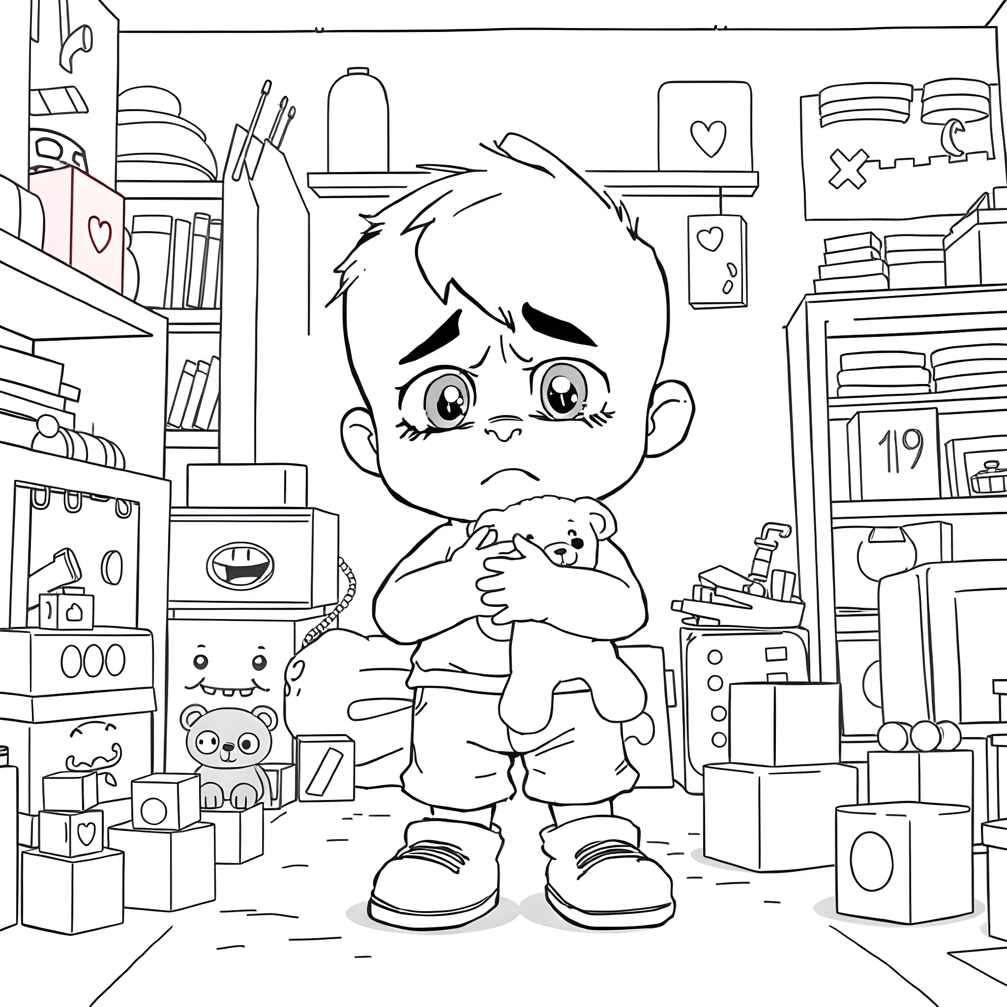 Chuckie exploring the cluttered bedroom Coloring Page (free black-and-white line drawing printable PDF for all, from beginners to advanced learners, including children, teens, adults, and seniors)