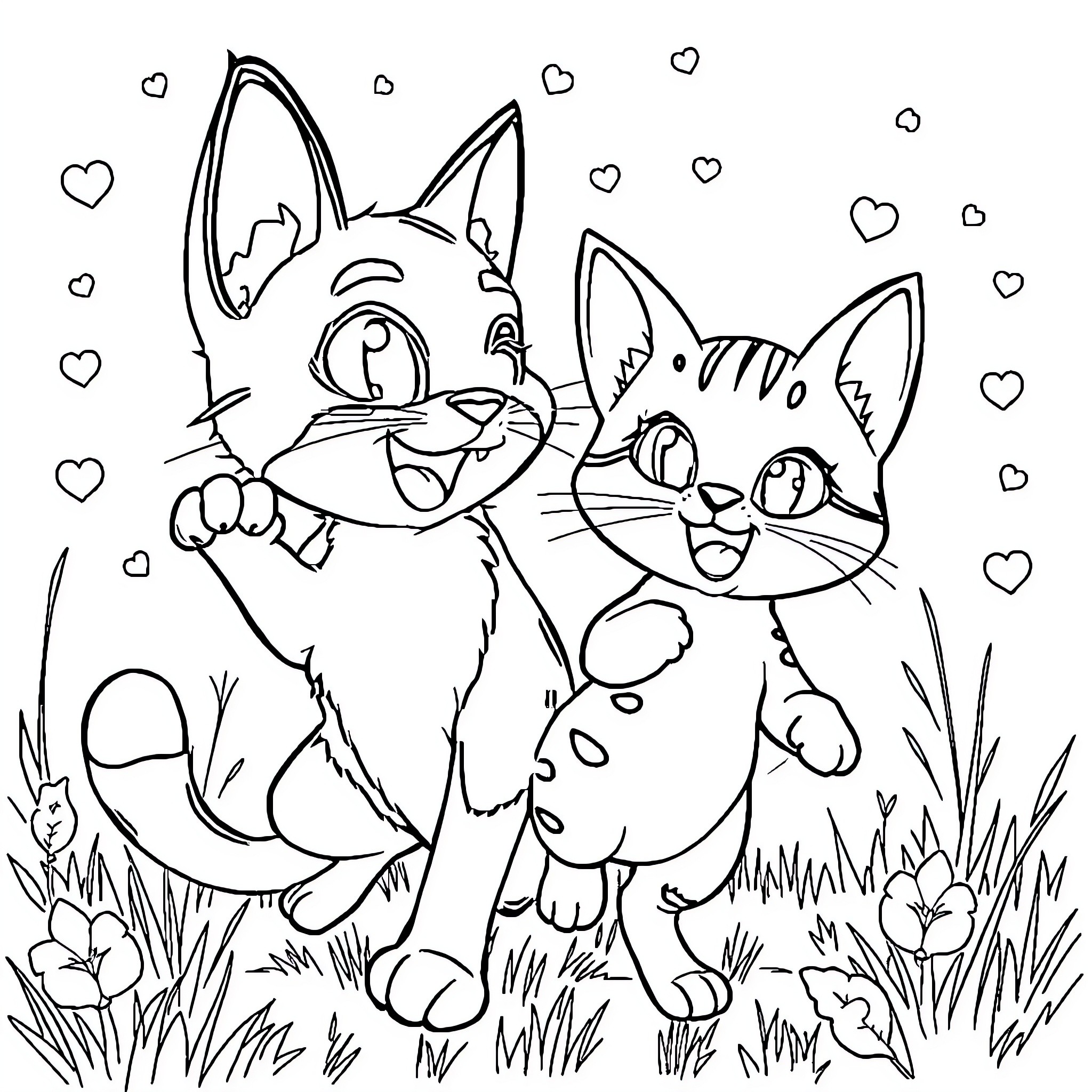 Chase of Playful Kittens in Floral Field Coloring Page (free black-and-white line drawing printable PDF for all, from beginners to advanced learners, including children, teens, adults, and seniors)