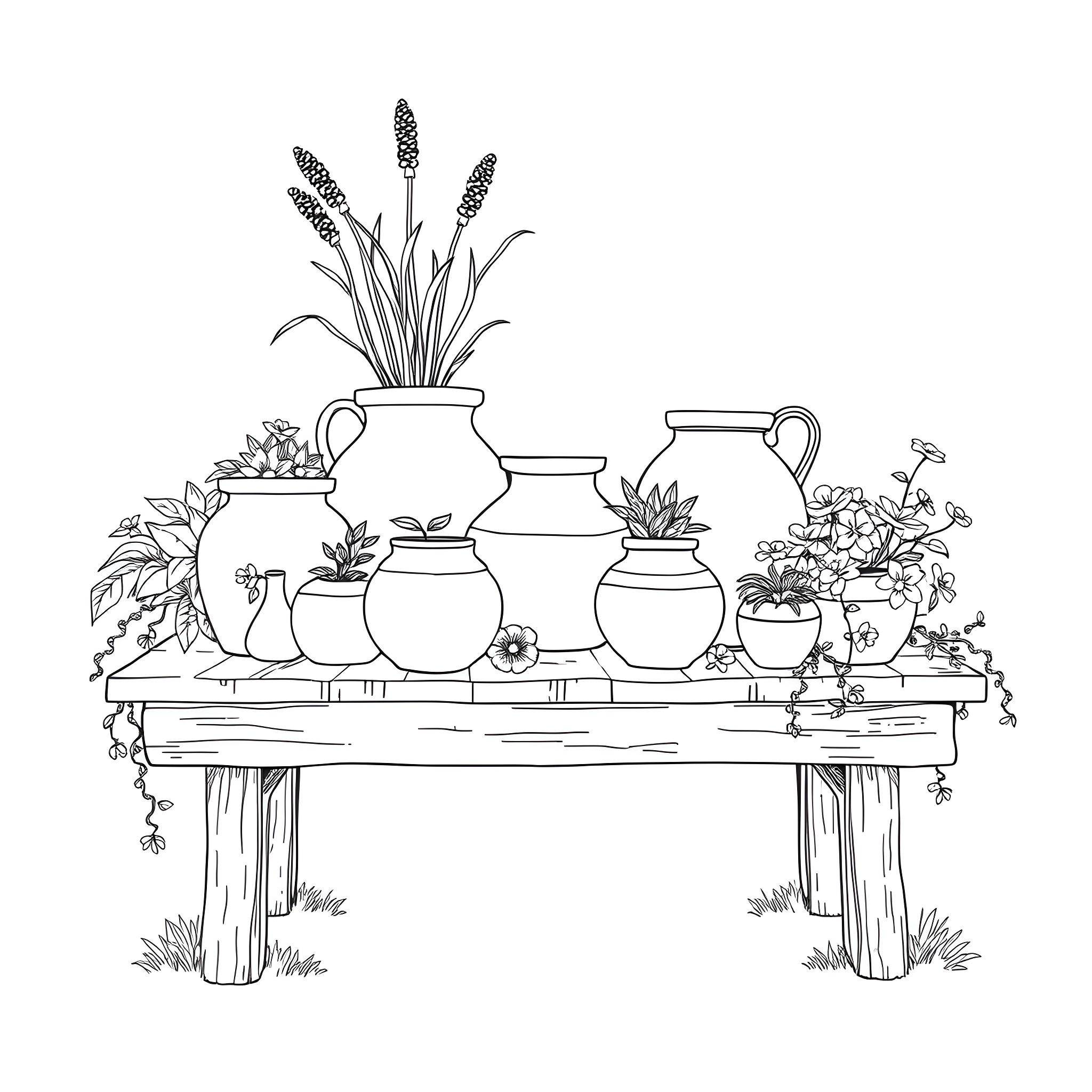 Pot of Flowers on Wooden Table Coloring Page (free black-and-white line drawing printable PDF for all, from beginners to advanced learners, including children, teens, adults, and seniors)