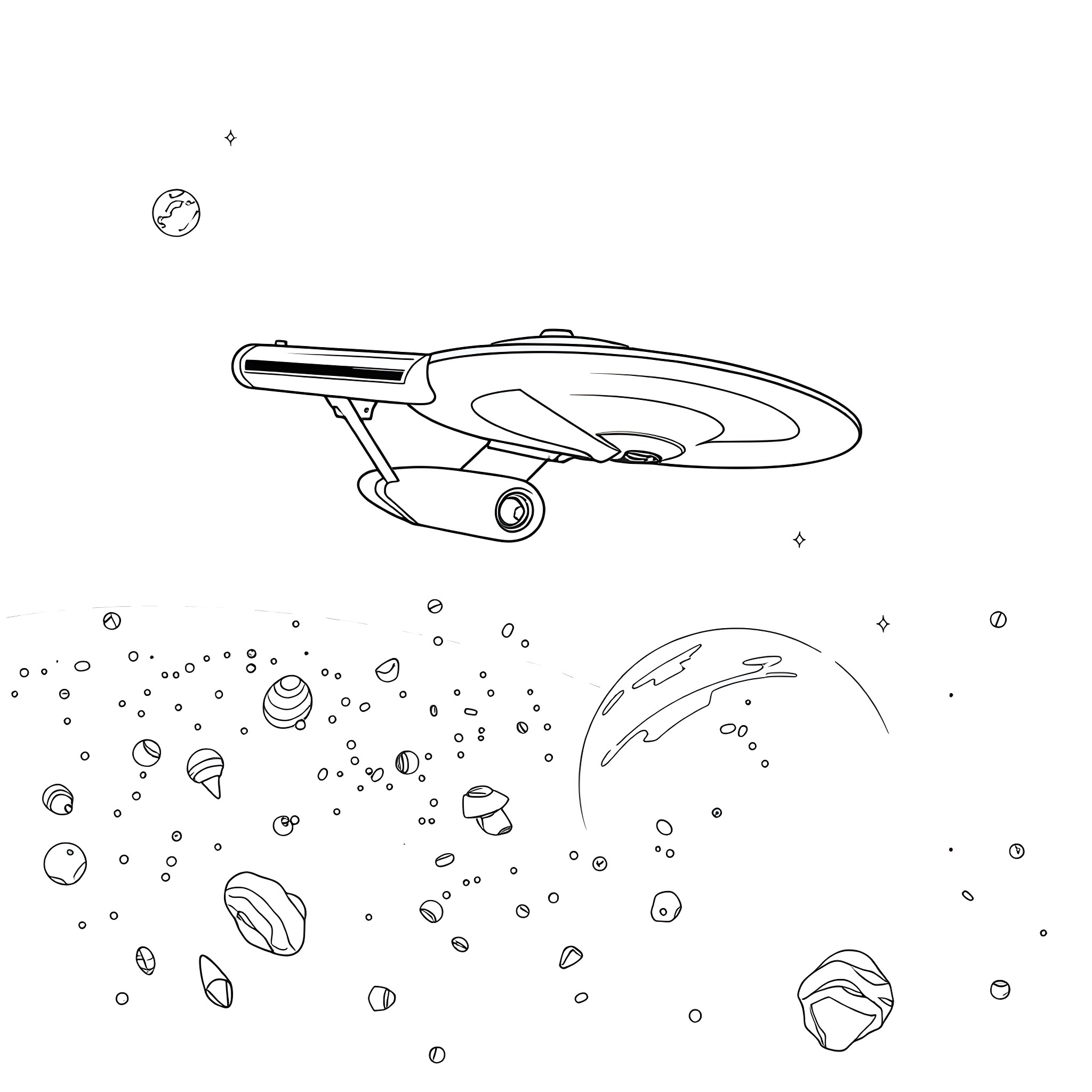 USS Enterprise embarking on an interstellar journey Coloring Page (free black-and-white line drawing printable PDF for all, from beginners to advanced learners, including children, teens, adults, and seniors)