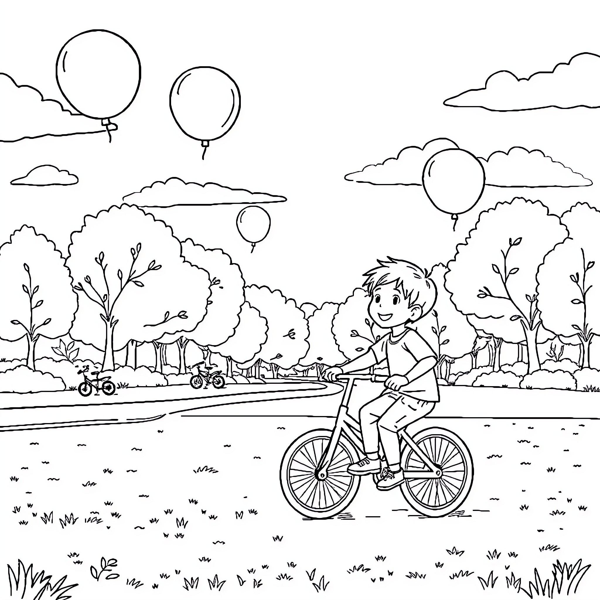 Niño riding bicycle in outdoor park landscape Coloring Page (free black-and-white line drawing printable PDF for all, from beginners to advanced learners, including children, teens, adults, and seniors)