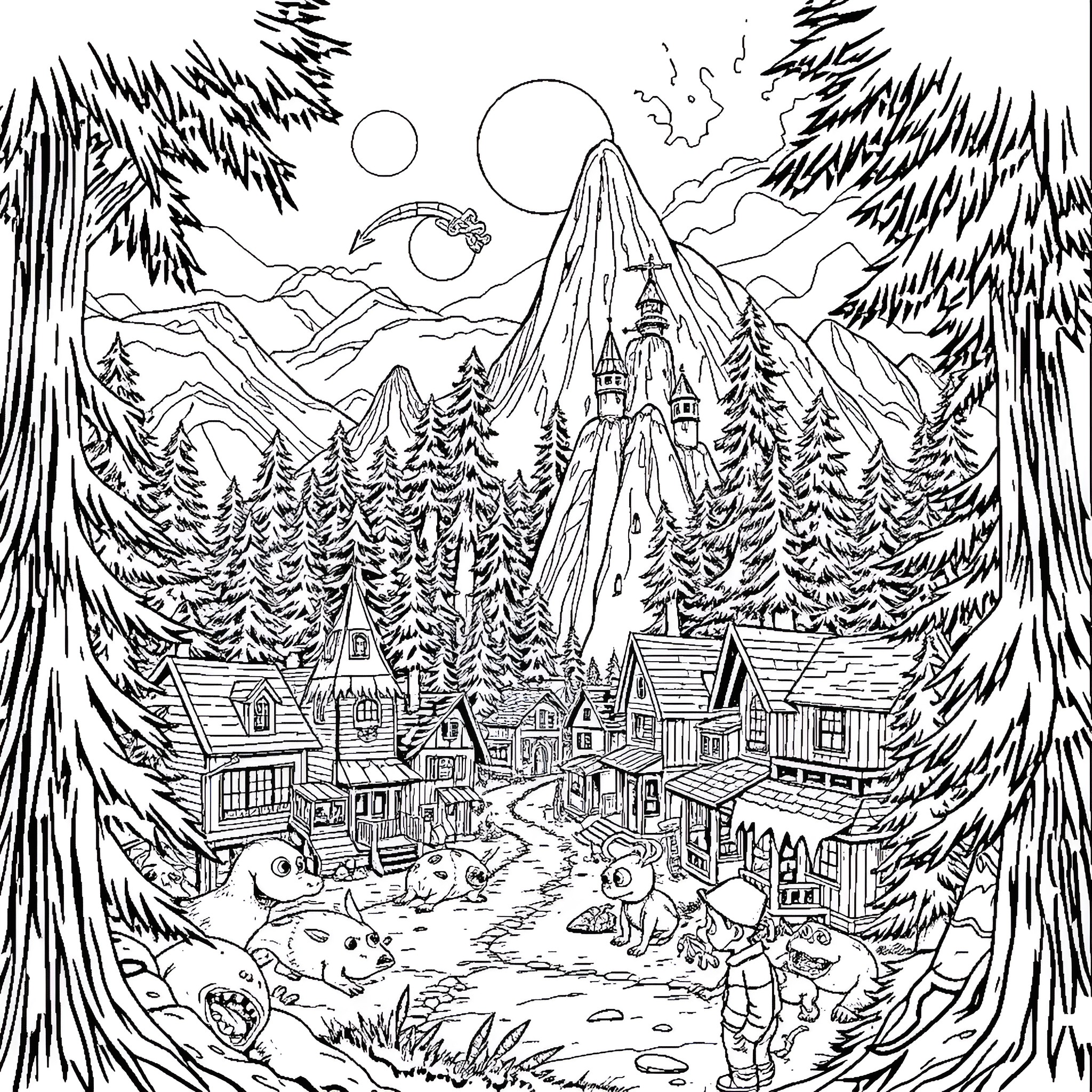 Gravity Falls: Enchanting Mountainous Landscape with Quaint Village Coloring Page (free black-and-white line drawing printable PDF for all, from beginners to advanced learners, including children, teens, adults, and seniors)