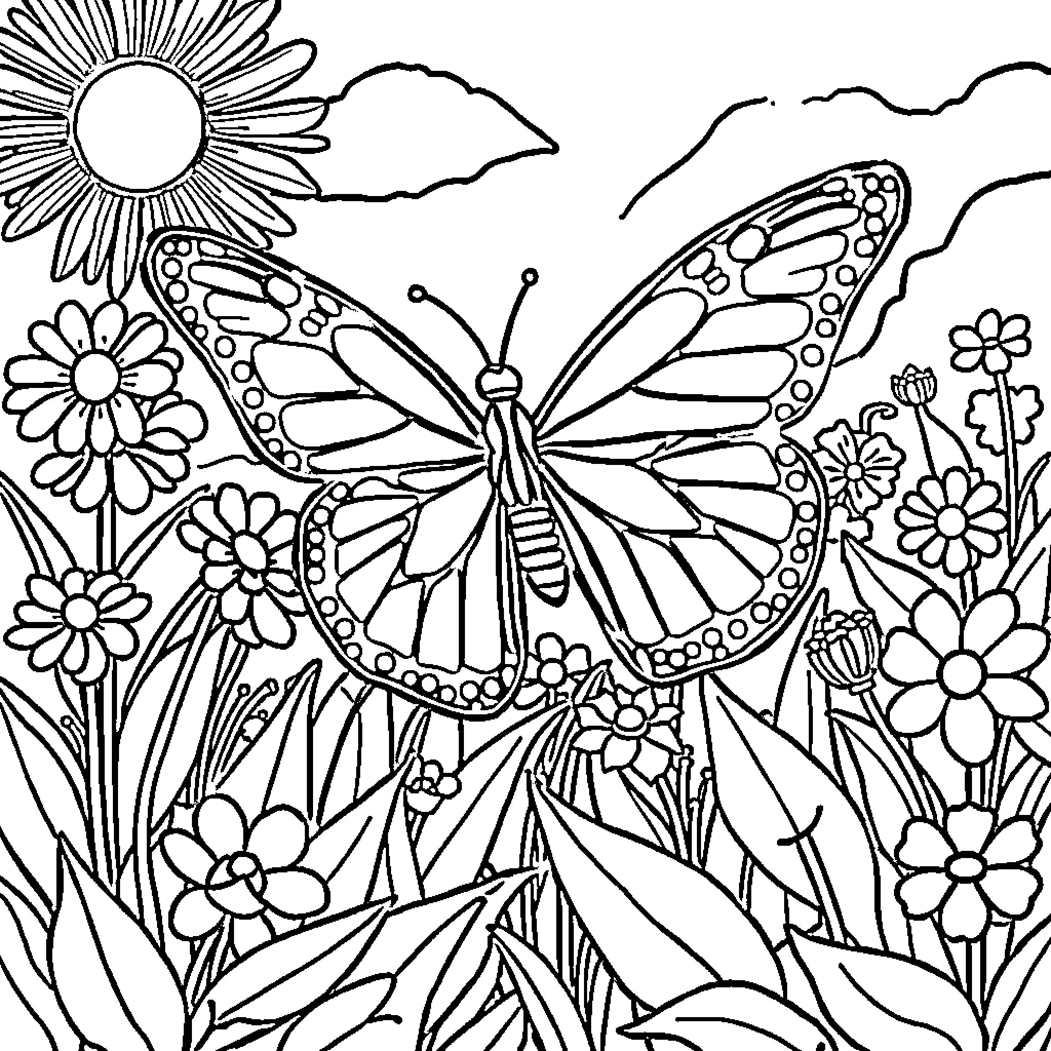 Butterfly soaring through a floral garden Coloring Page (free black-and-white line drawing printable PDF for all, from beginners to advanced learners, including children, teens, adults, and seniors)