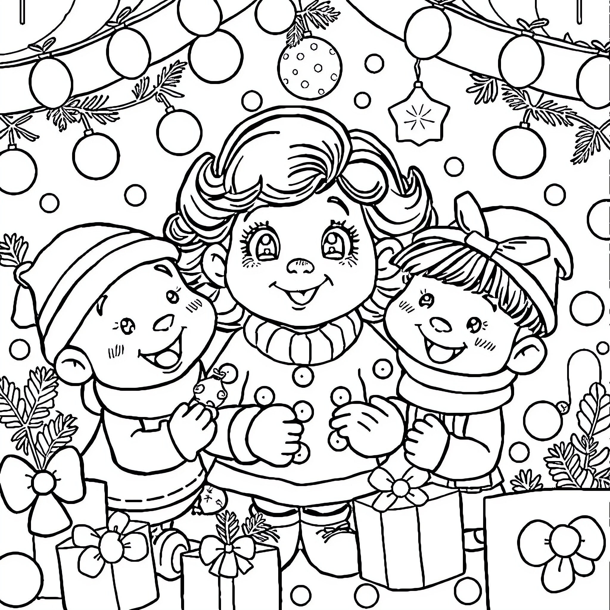 Mafalda and friends in winter wonderland Coloring Page (free black-and-white line drawing printable PDF for all, from beginners to advanced learners, including children, teens, adults, and seniors)