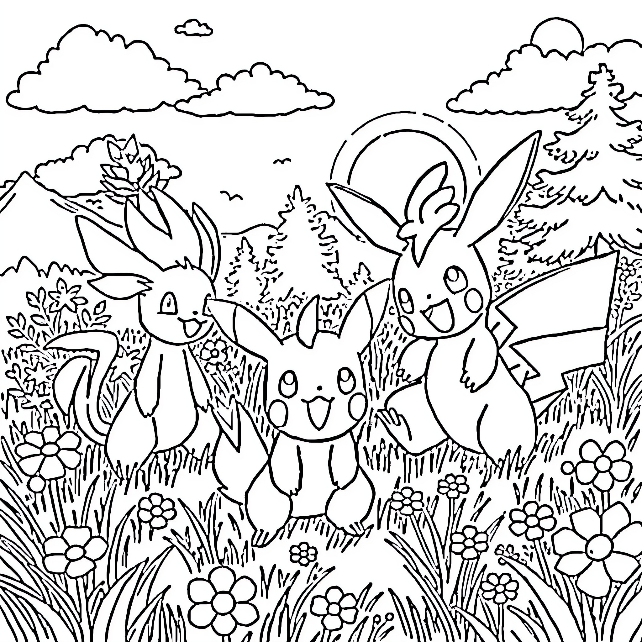 Pokémon Enjoying Nature's Wonders Coloring Page (free black-and-white line drawing printable PDF for all, from beginners to advanced learners, including children, teens, adults, and seniors)