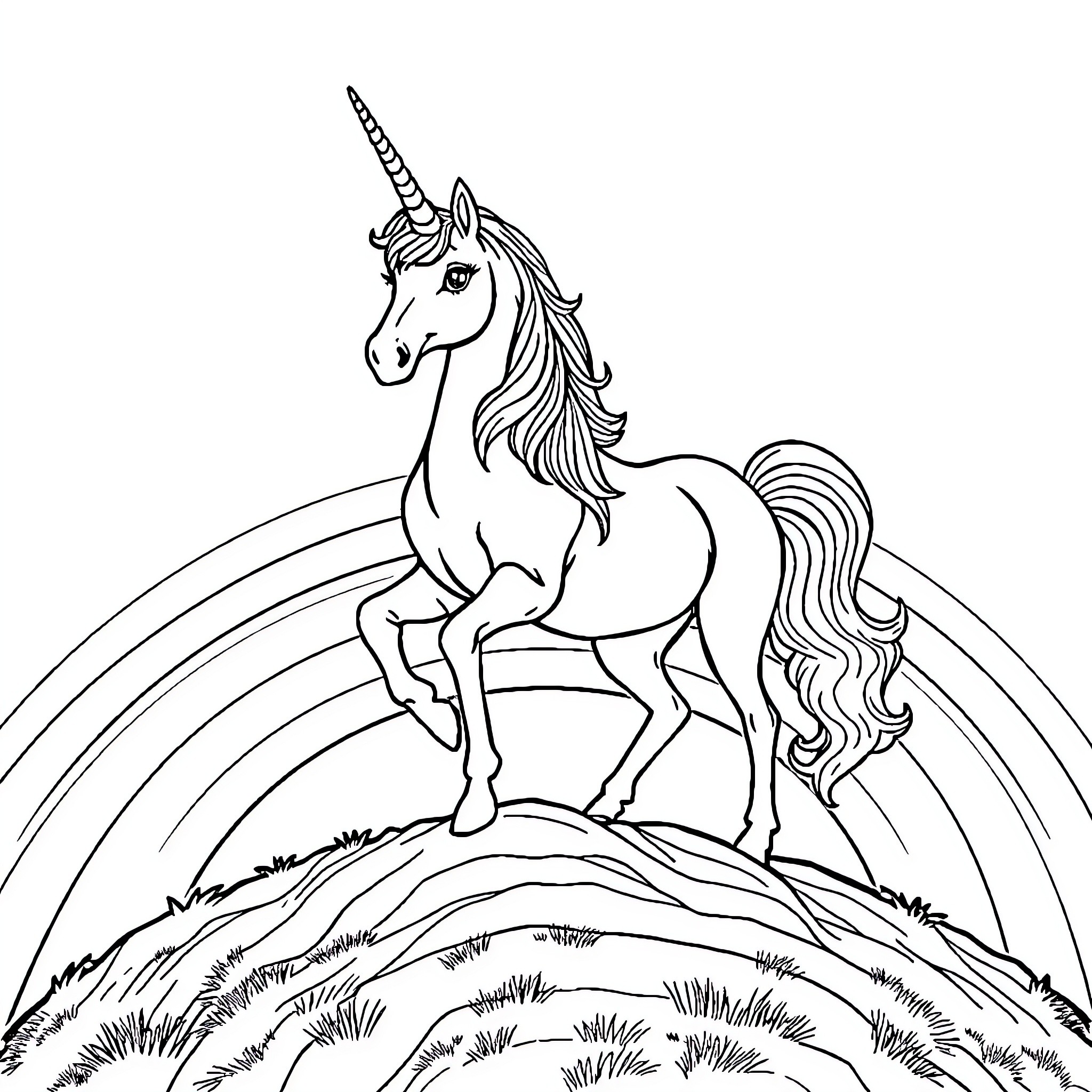 Unicorn standing proudly on a grassy hill Coloring Page (free black-and-white line drawing printable PDF for all, from beginners to advanced learners, including children, teens, adults, and seniors)