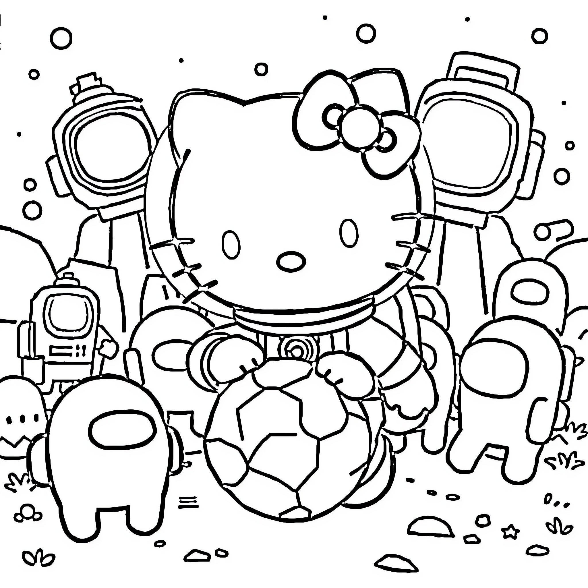 Hello Kitty among space friends Coloring Page (free black-and-white line drawing printable PDF for all, from beginners to advanced learners, including children, teens, adults, and seniors)