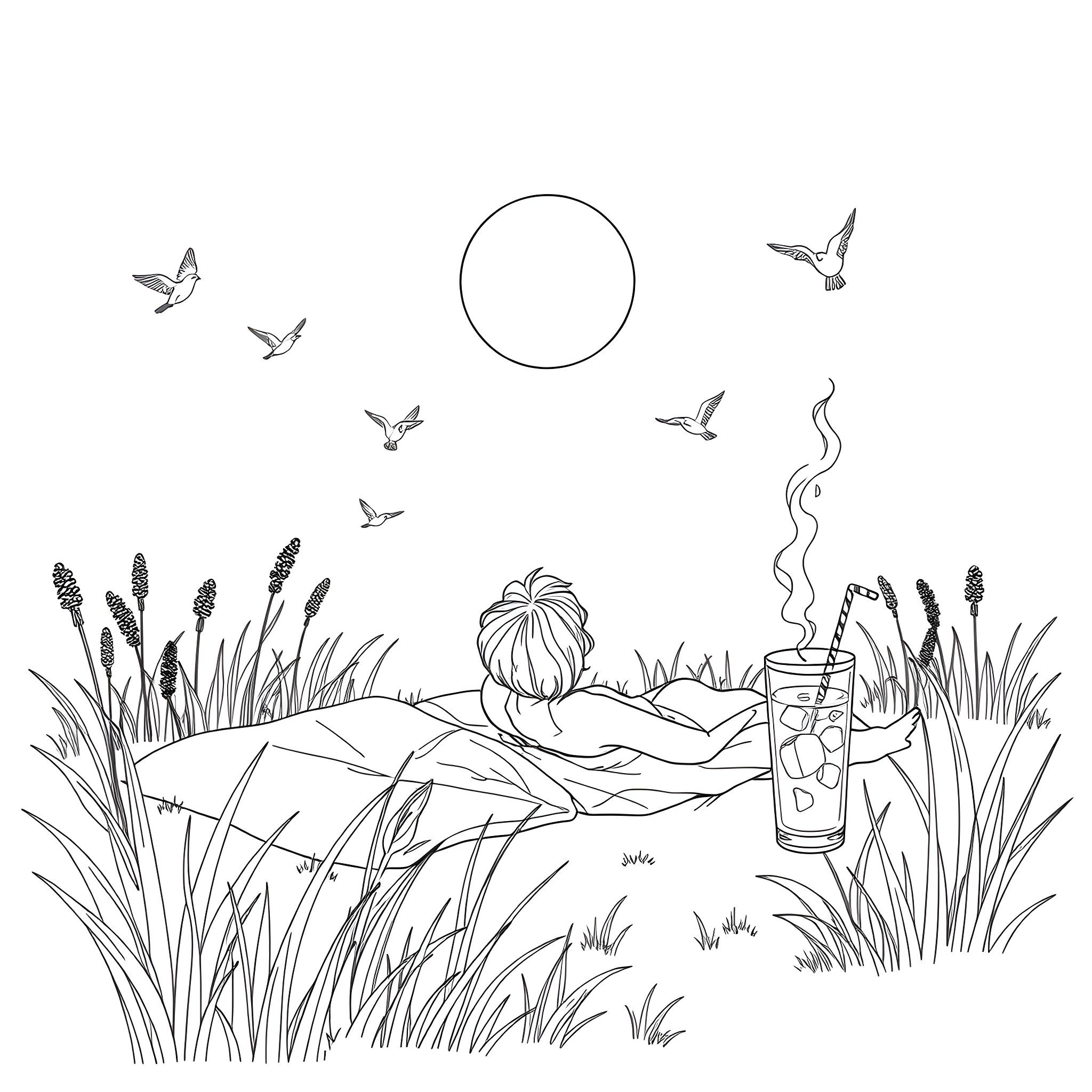 Sun shining on person relaxing in nature Coloring Page (free black-and-white line drawing printable PDF for all, from beginners to advanced learners, including children, teens, adults, and seniors)
