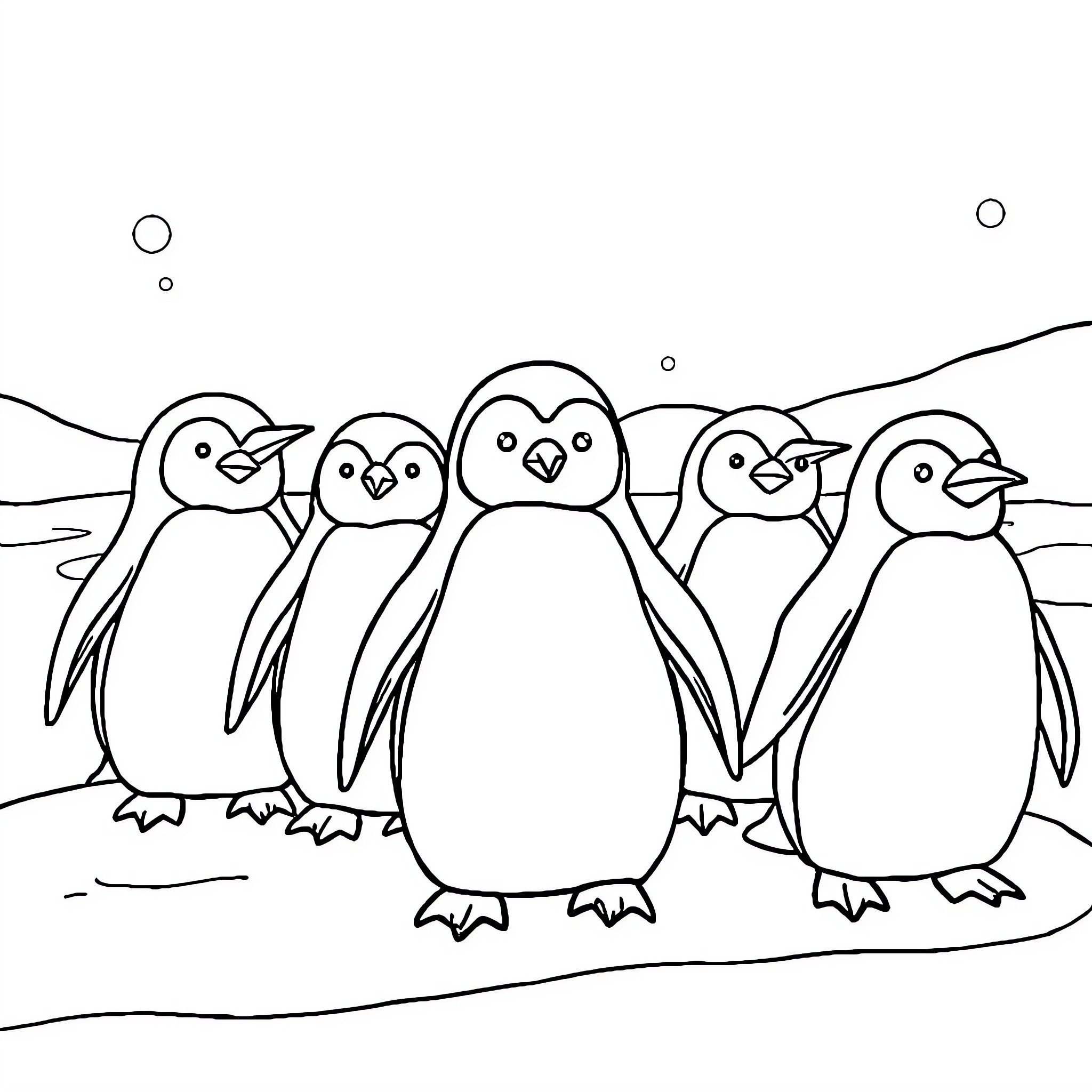 Penguins standing together in winter wonderland Coloring Page (free black-and-white line drawing printable PDF for all, from beginners to advanced learners, including children, teens, adults, and seniors)