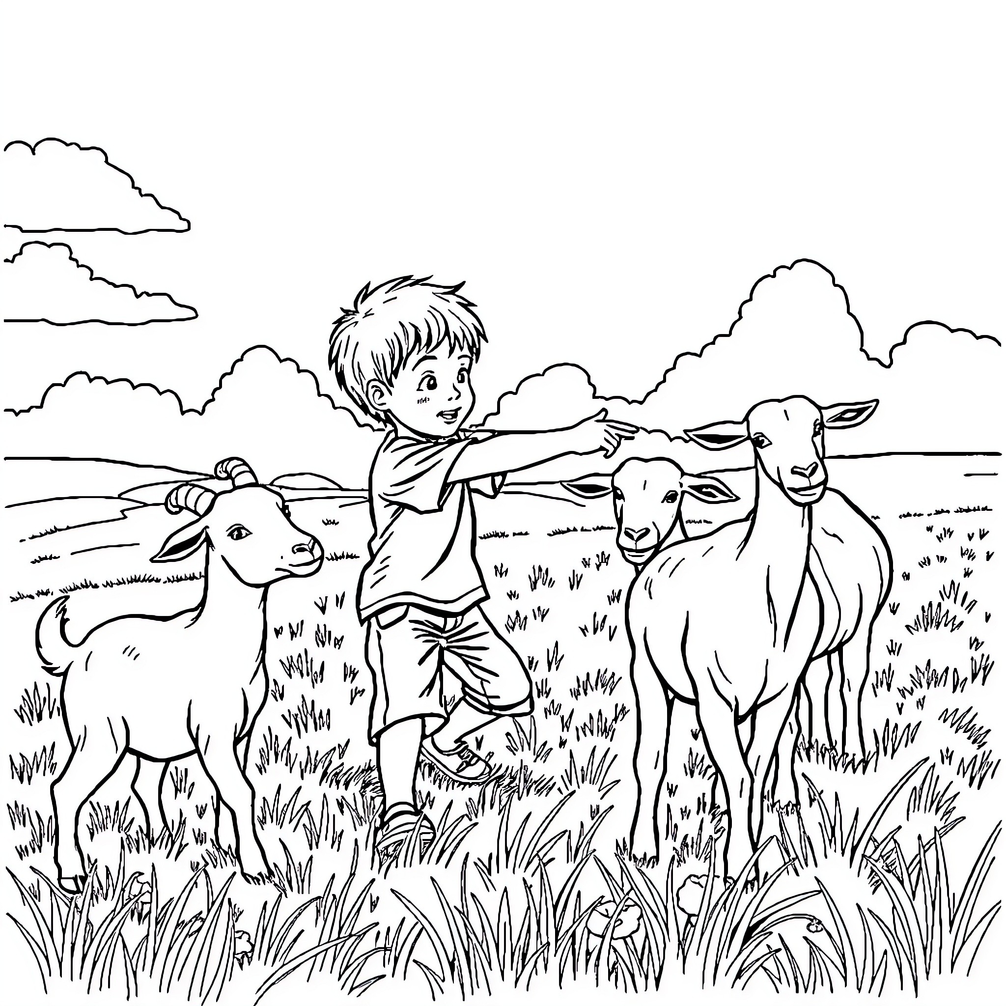Boy playing happily with goats in the countryside Coloring Page (free black-and-white line drawing printable PDF for all, from beginners to advanced learners, including children, teens, adults, and seniors)