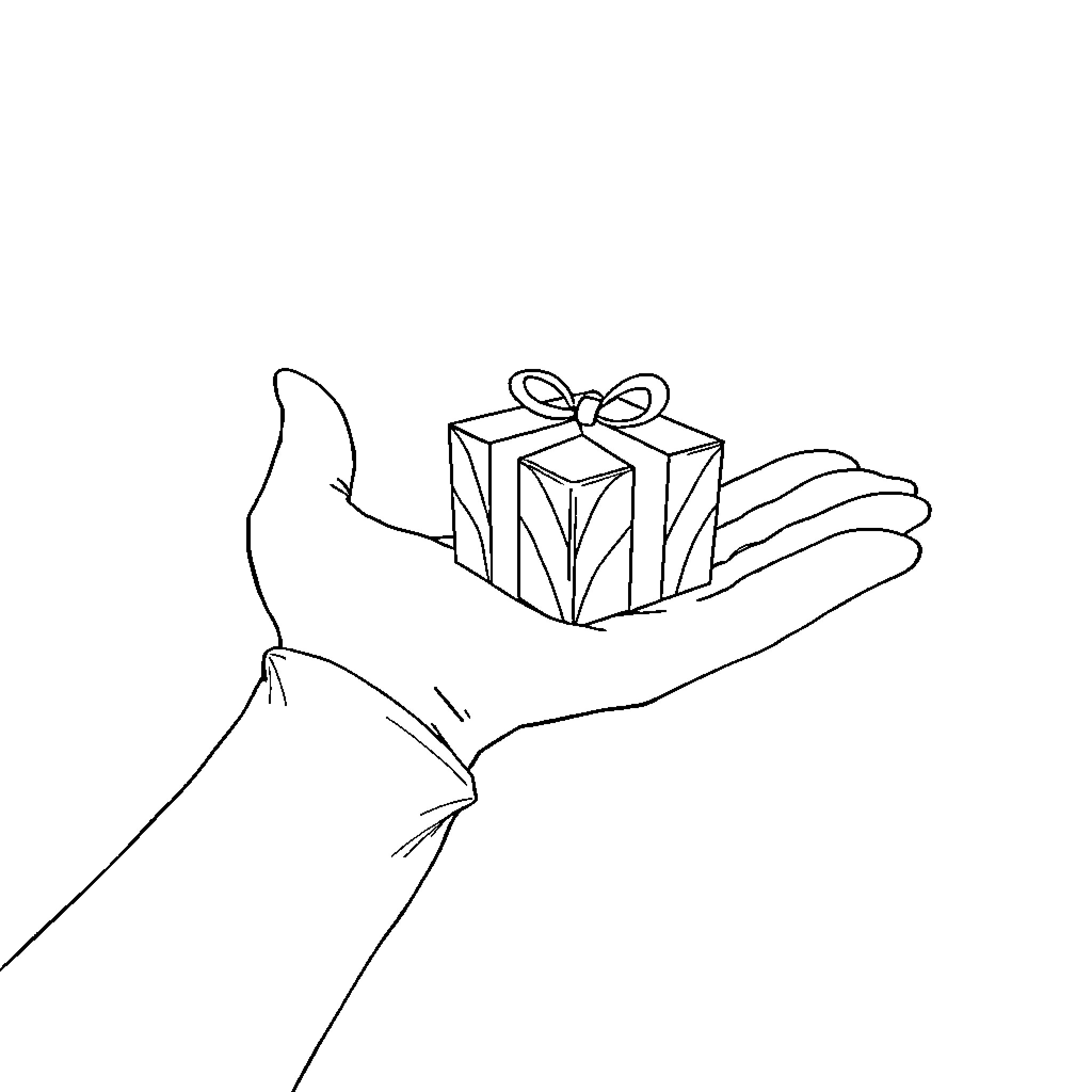 Hand Offering a Wrapped Gift Coloring Page (free black-and-white line drawing printable PDF for all, from beginners to advanced learners, including children, teens, adults, and seniors)