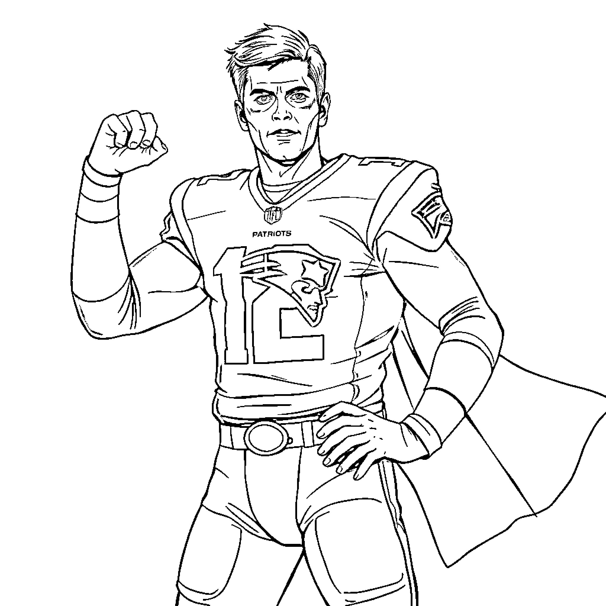 Tom Brady in Patriots uniform posing confidently Coloring Page (free black-and-white line drawing printable PDF for all, from beginners to advanced learners, including children, teens, adults, and seniors)