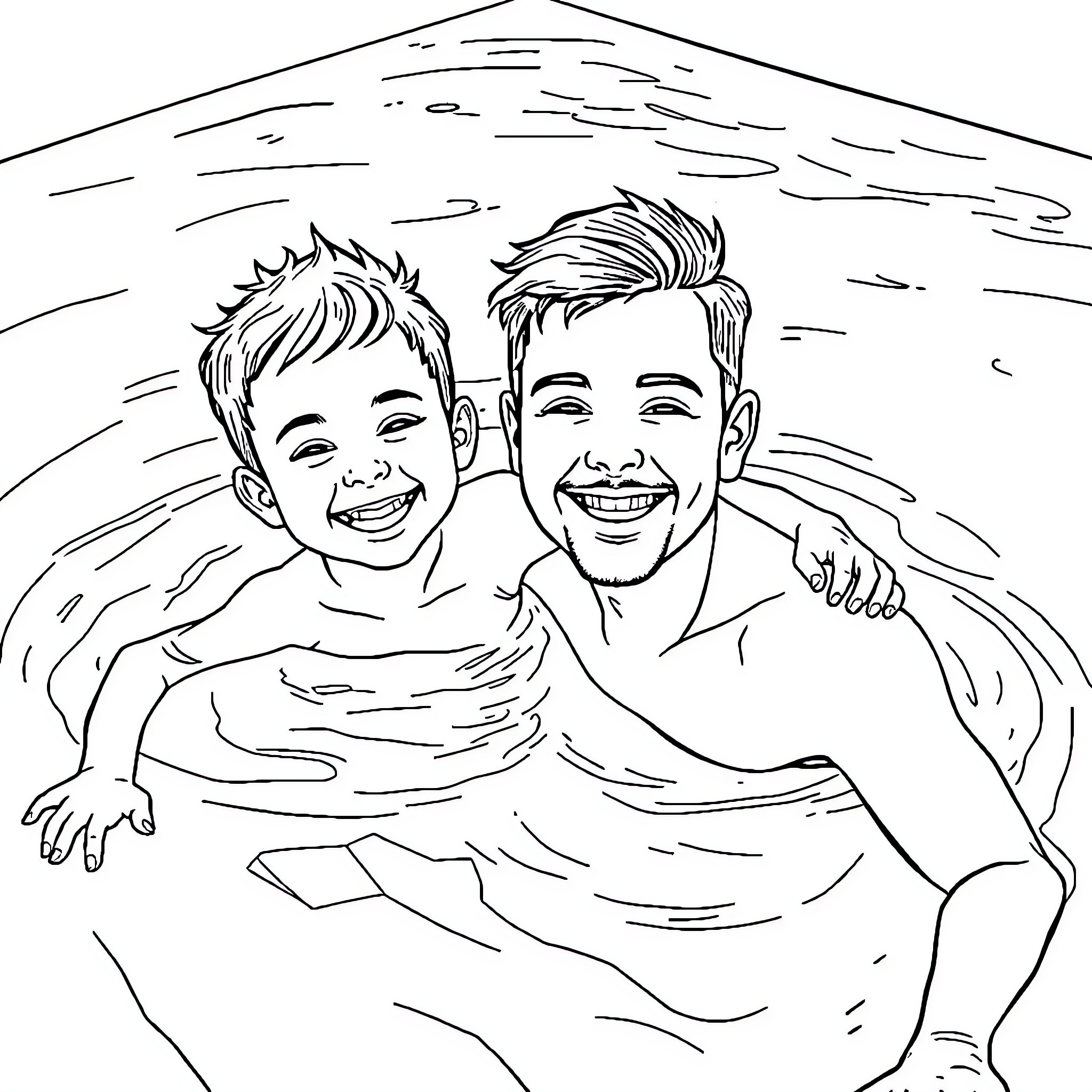 Father and son enjoying a swim together Coloring Page (free black-and-white line drawing printable PDF for all, from beginners to advanced learners, including children, teens, adults, and seniors)