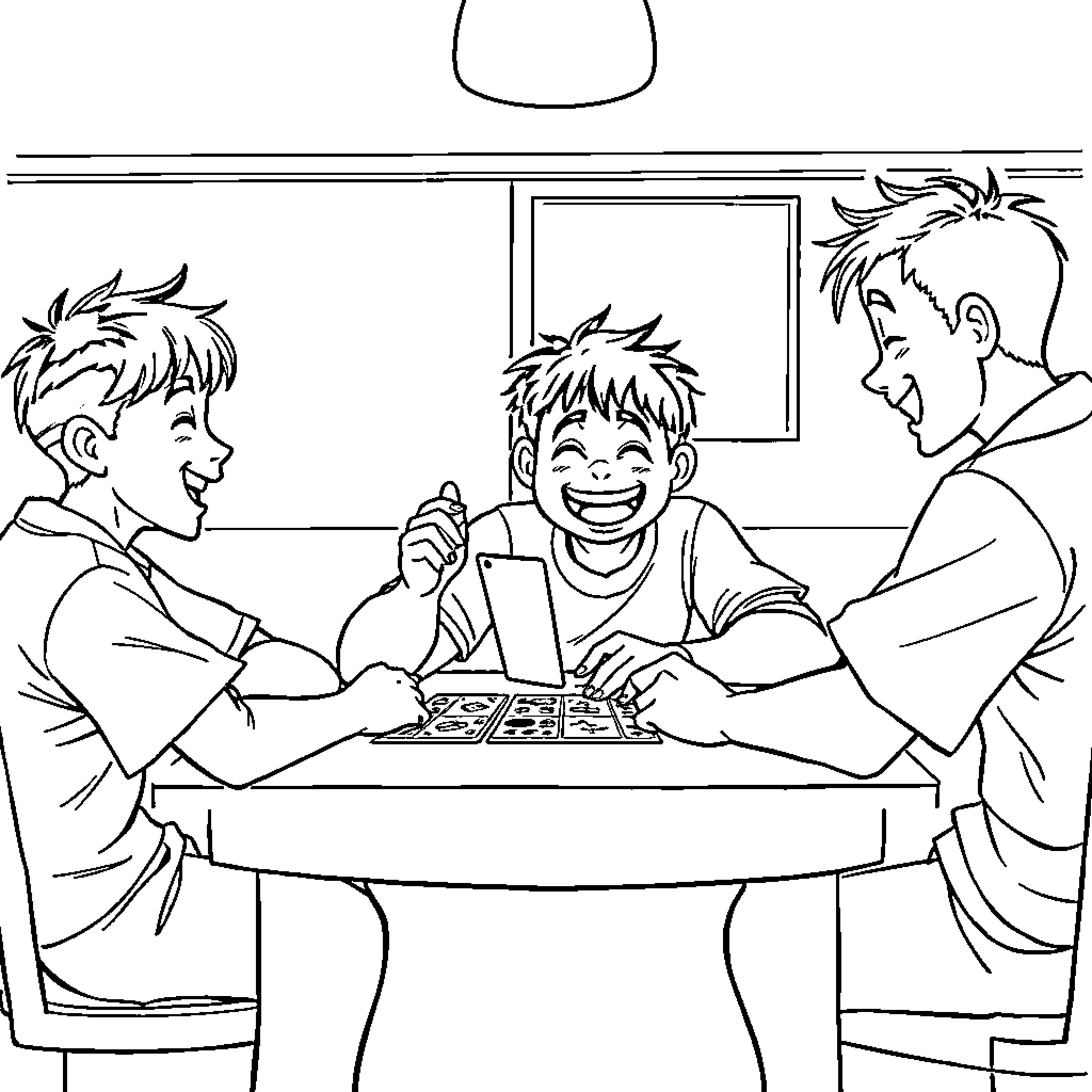 Gojo playing a game with friends in the room Coloring Page (free black-and-white line drawing printable PDF for all, from beginners to advanced learners, including children, teens, adults, and seniors)