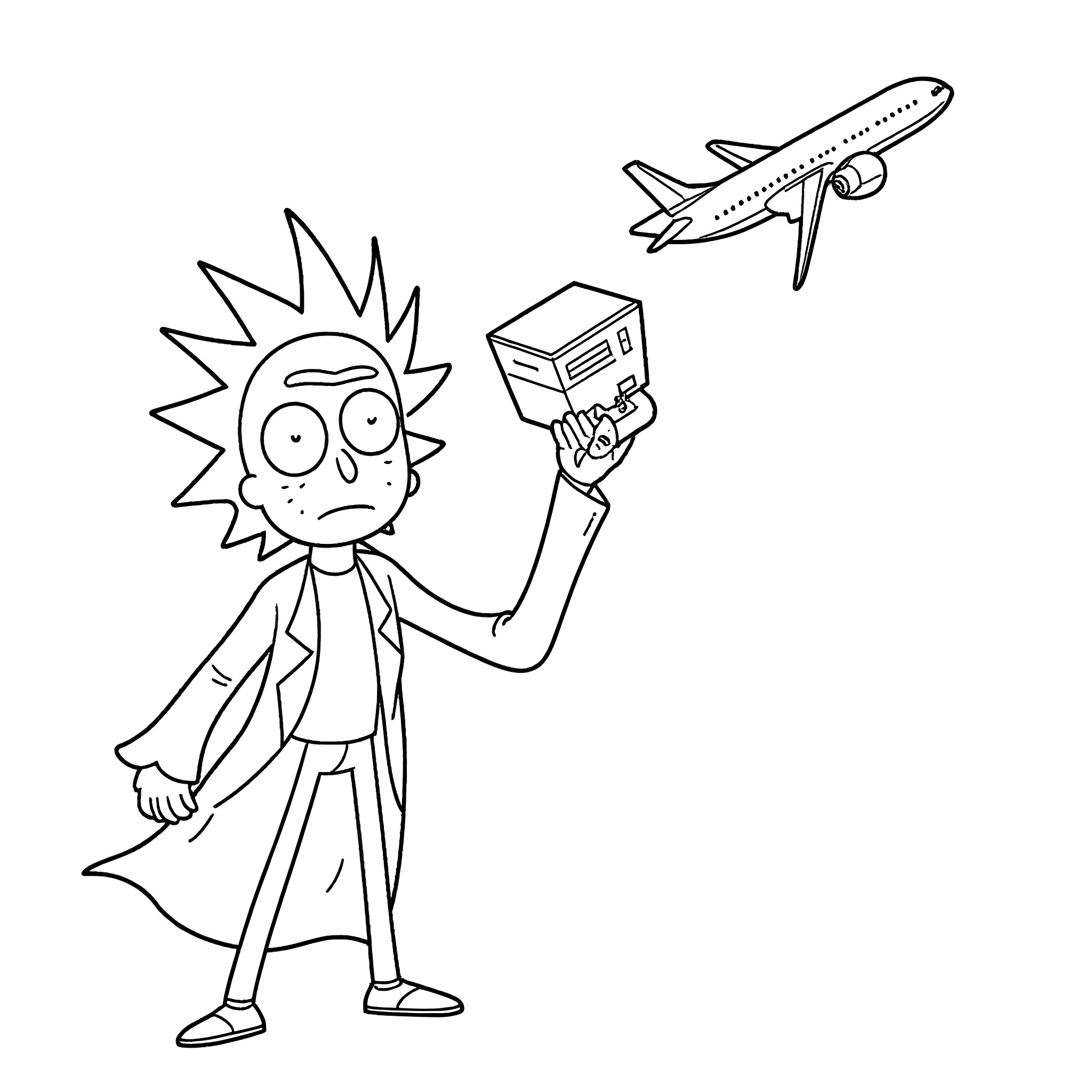 Rick And Morty Engage in Sci-Fi Adventure Coloring Page (free black-and-white line drawing printable PDF for all, from beginners to advanced learners, including children, teens, adults, and seniors)