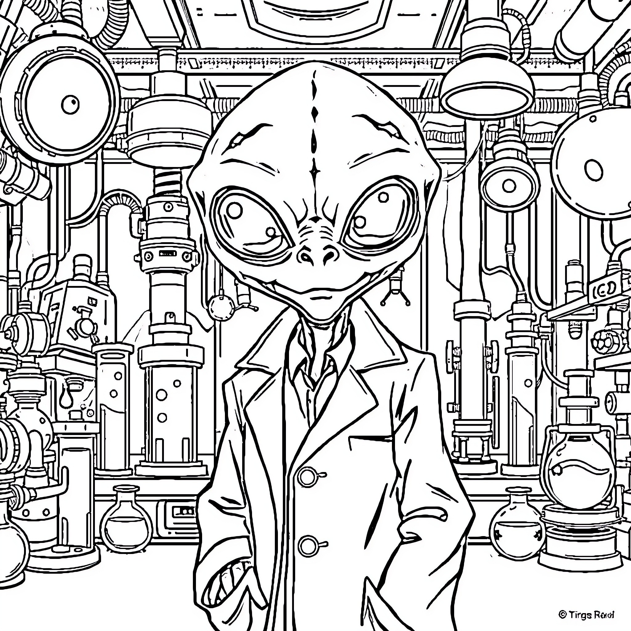 Alien scientist exploring futuristic lab Coloring Page (free black-and-white line drawing printable PDF for all, from beginners to advanced learners, including children, teens, adults, and seniors)