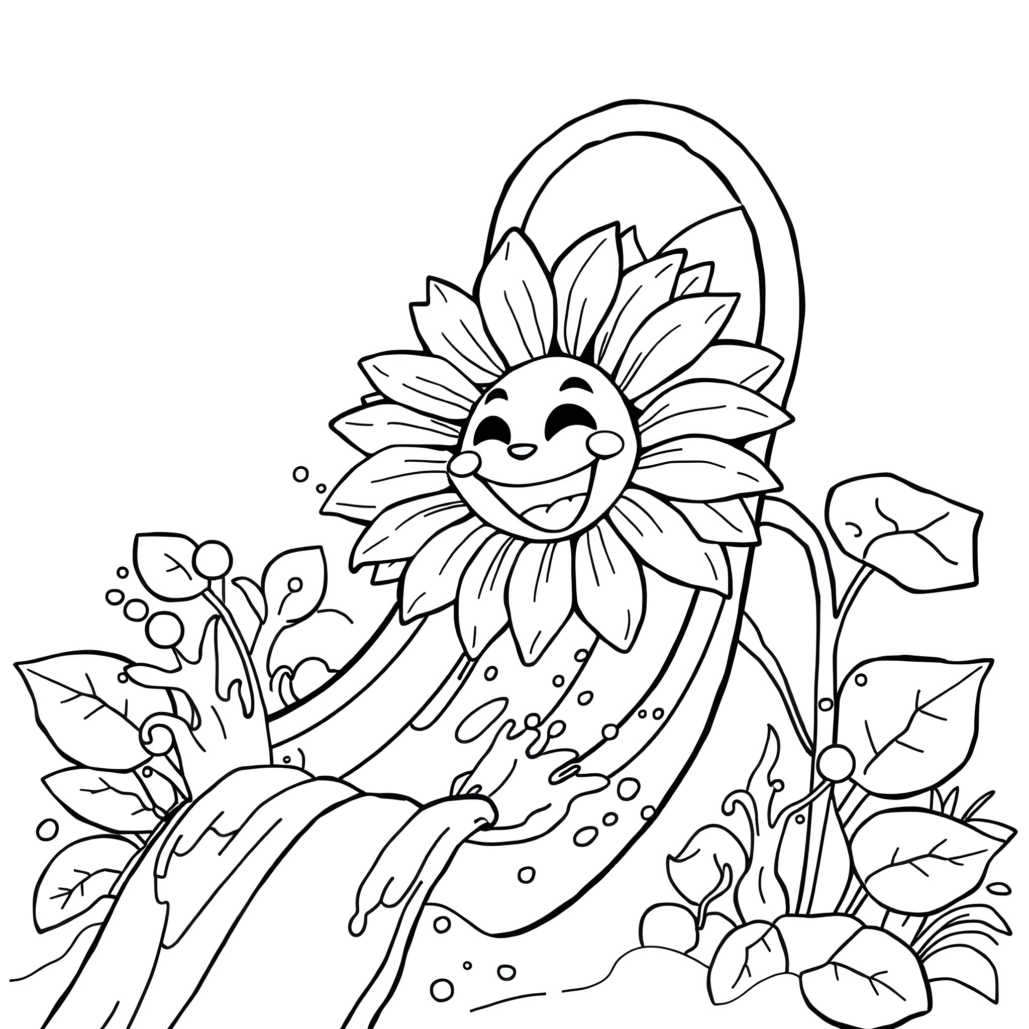 Sunflower dancing happily in a whimsical garden Coloring Page (free black-and-white line drawing printable PDF for all, from beginners to advanced learners, including children, teens, adults, and seniors)