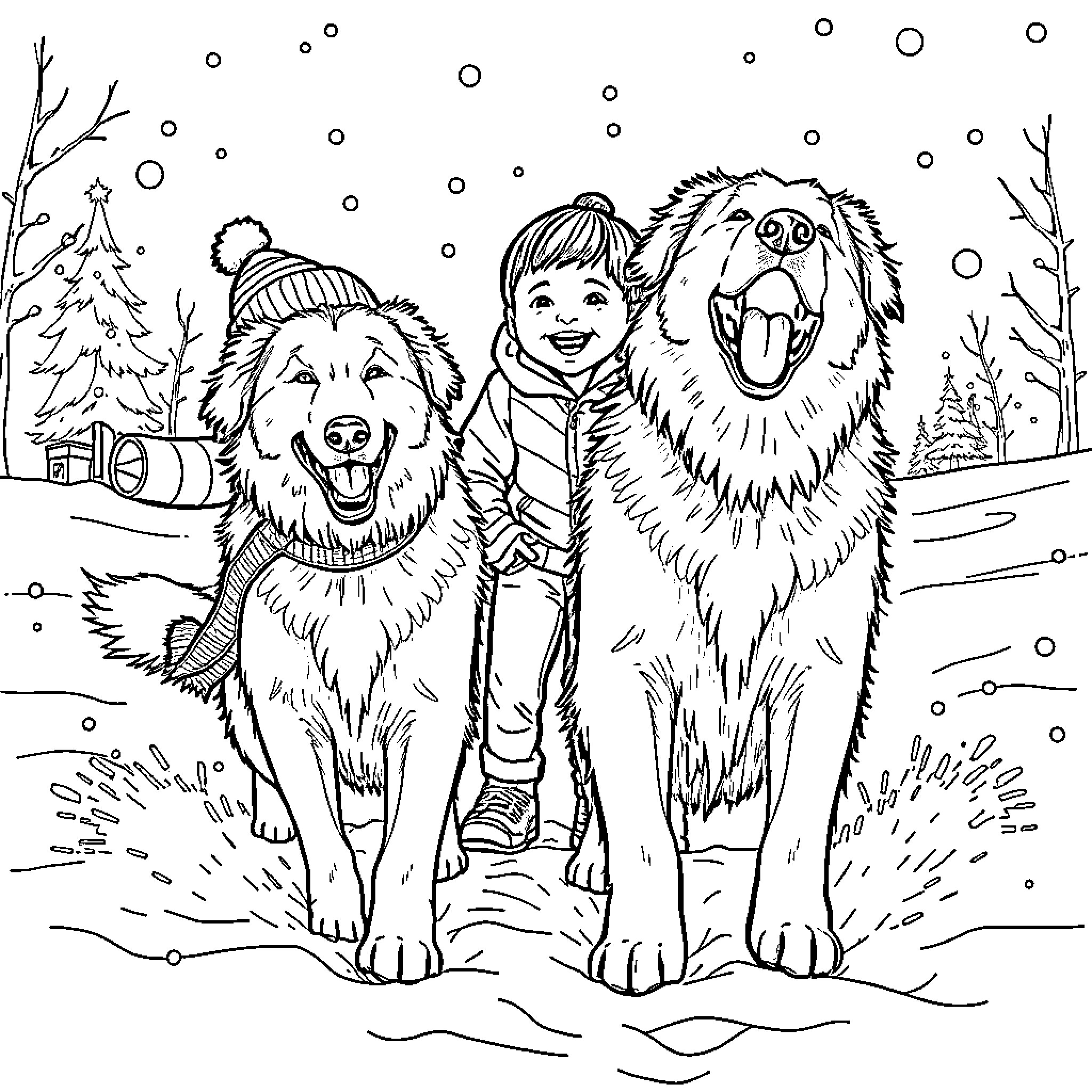 Great Pyrenees Dogs Playing with a Child in the Snow Coloring Page (free black-and-white line drawing printable PDF for all, from beginners to advanced learners, including children, teens, adults, and seniors)