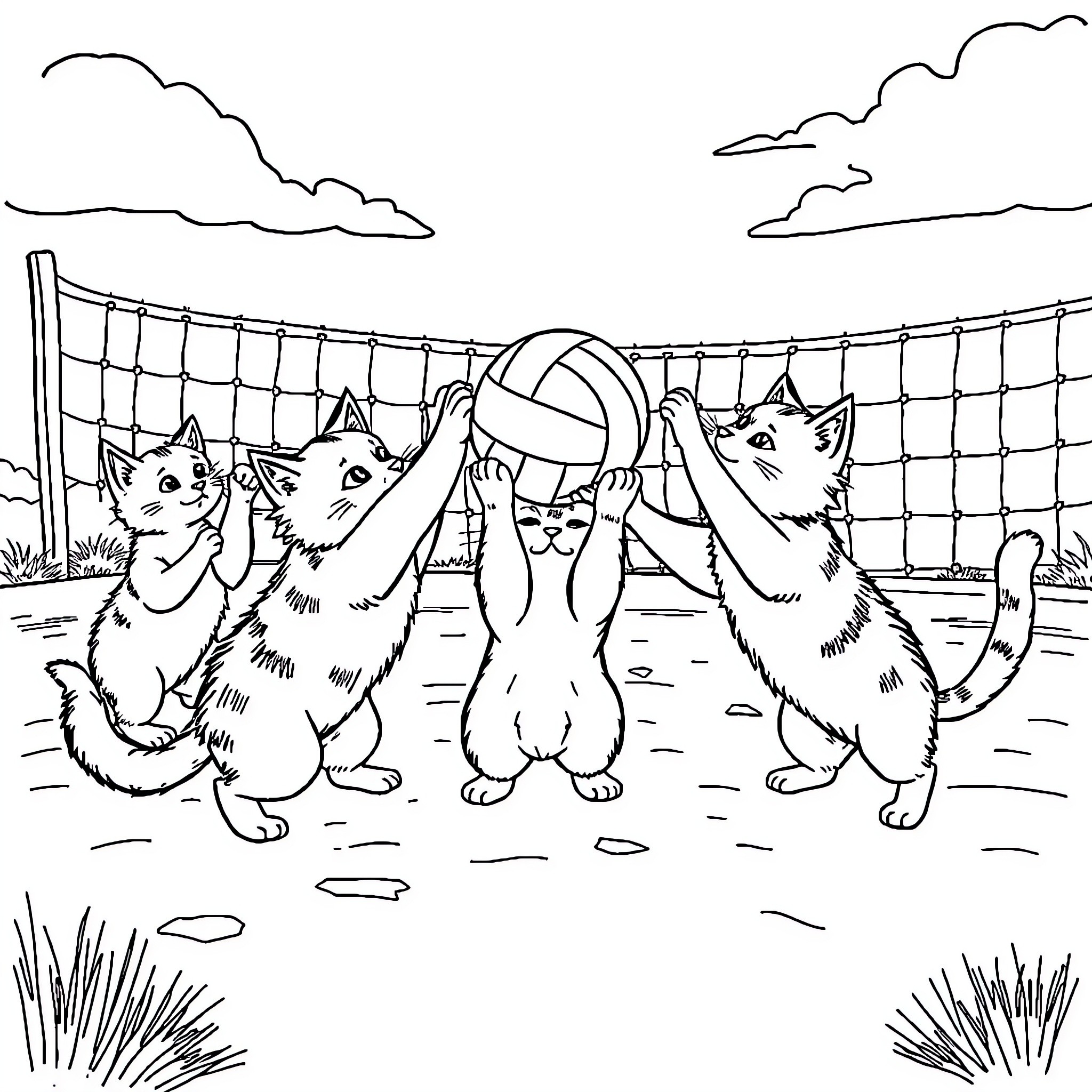 Cat Kittens Playing Volleyball on Court Coloring Page (free black-and-white line drawing printable PDF for all, from beginners to advanced learners, including children, teens, adults, and seniors)