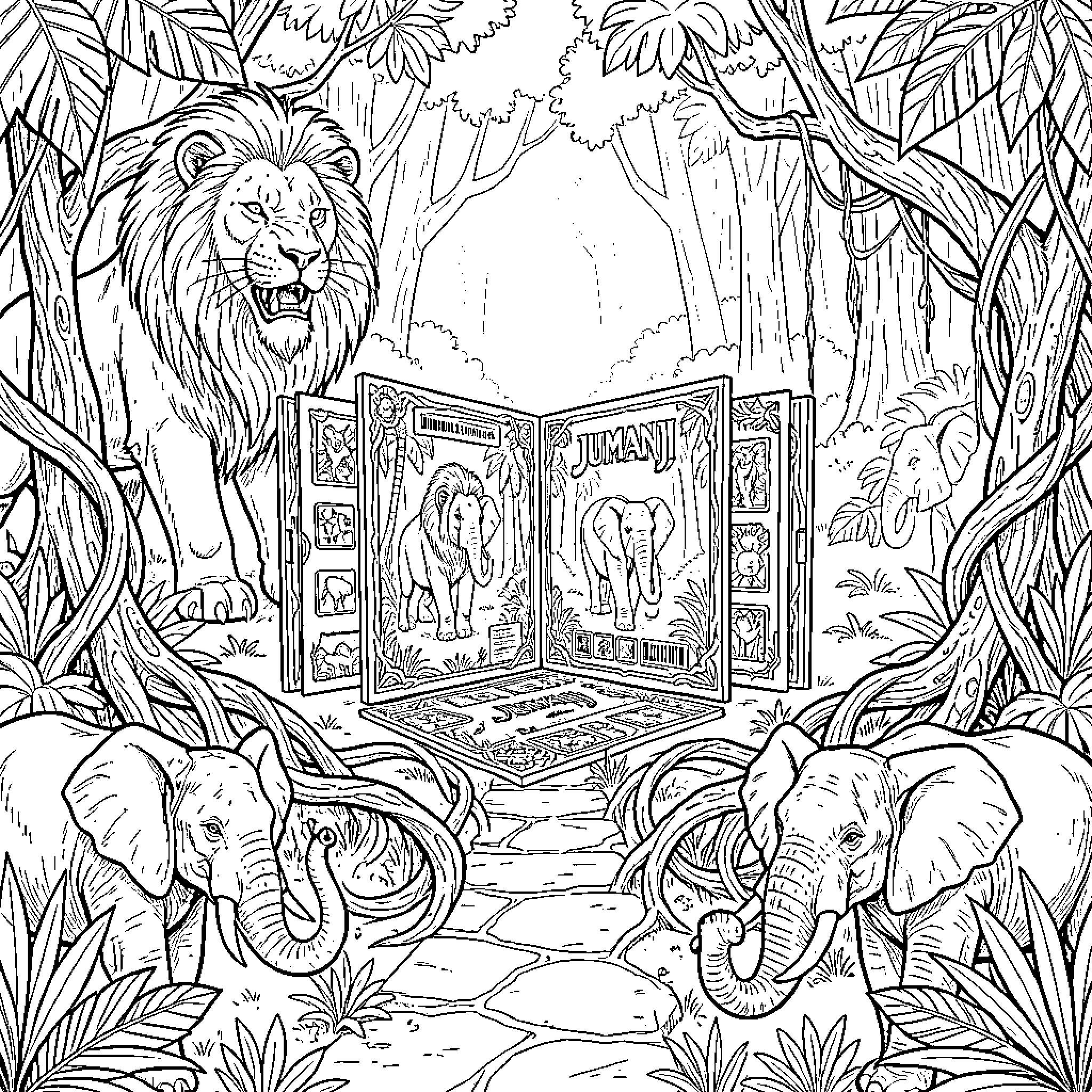 Jumanji board game surrounded by wild jungle animals Coloring Page (free black-and-white line drawing printable PDF for all, from beginners to advanced learners, including children, teens, adults, and seniors)
