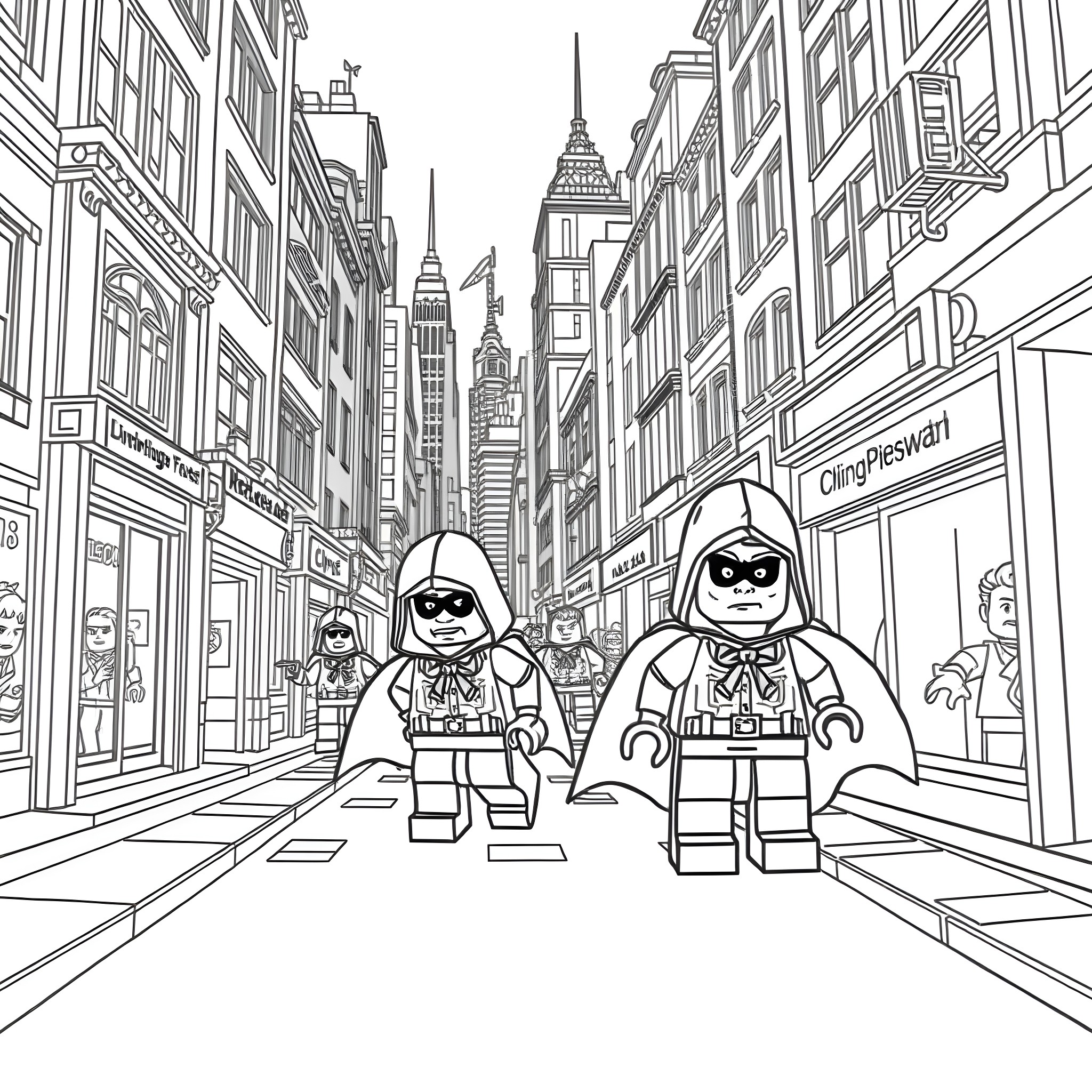 Lego superheroes exploring the city streets Coloring Page (free black-and-white line drawing printable PDF for all, from beginners to advanced learners, including children, teens, adults, and seniors)