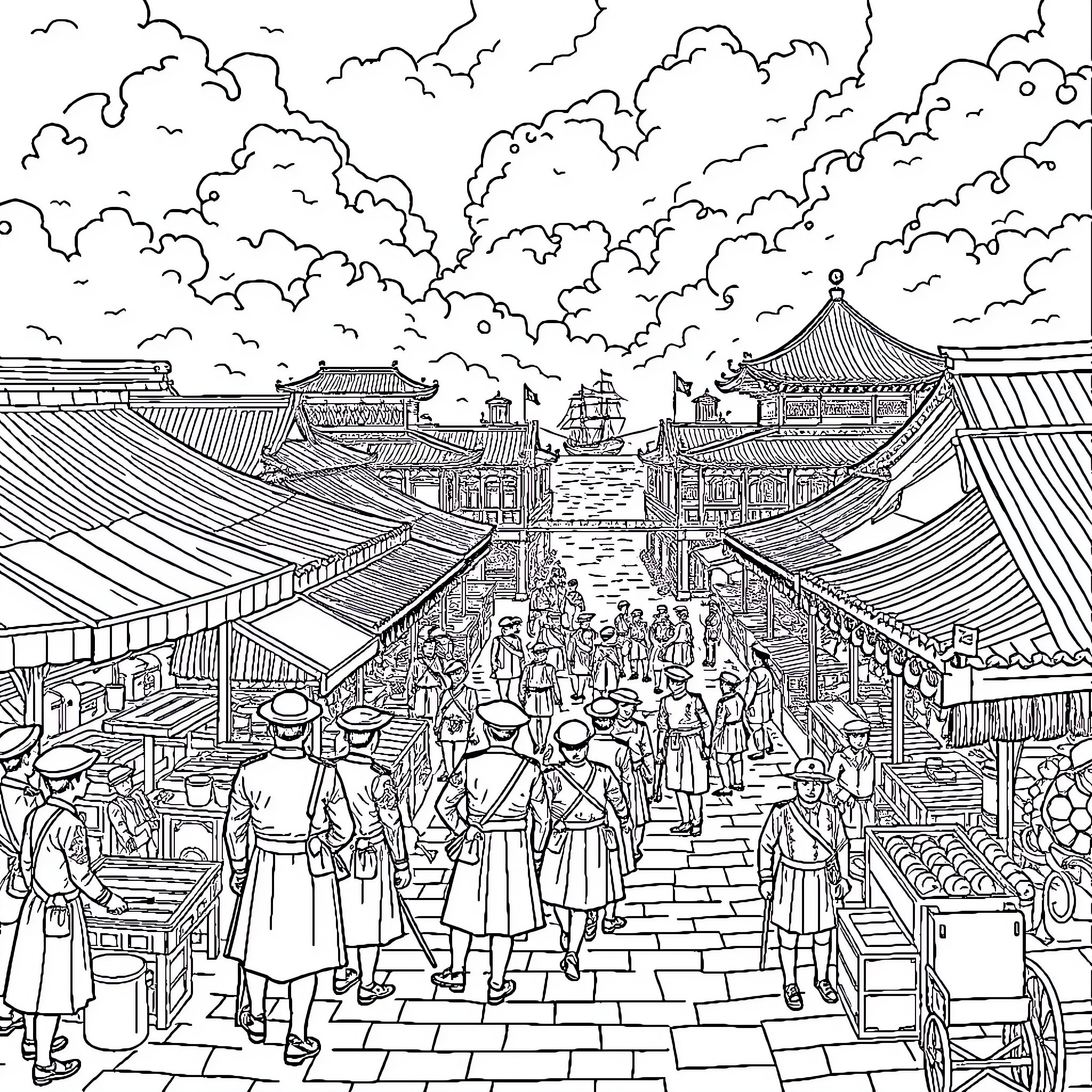 China's Vibrant Marketplace: Bustling Scenes and Colorful Characters Coloring Page (free black-and-white line drawing printable PDF for all, from beginners to advanced learners, including children, teens, adults, and seniors)