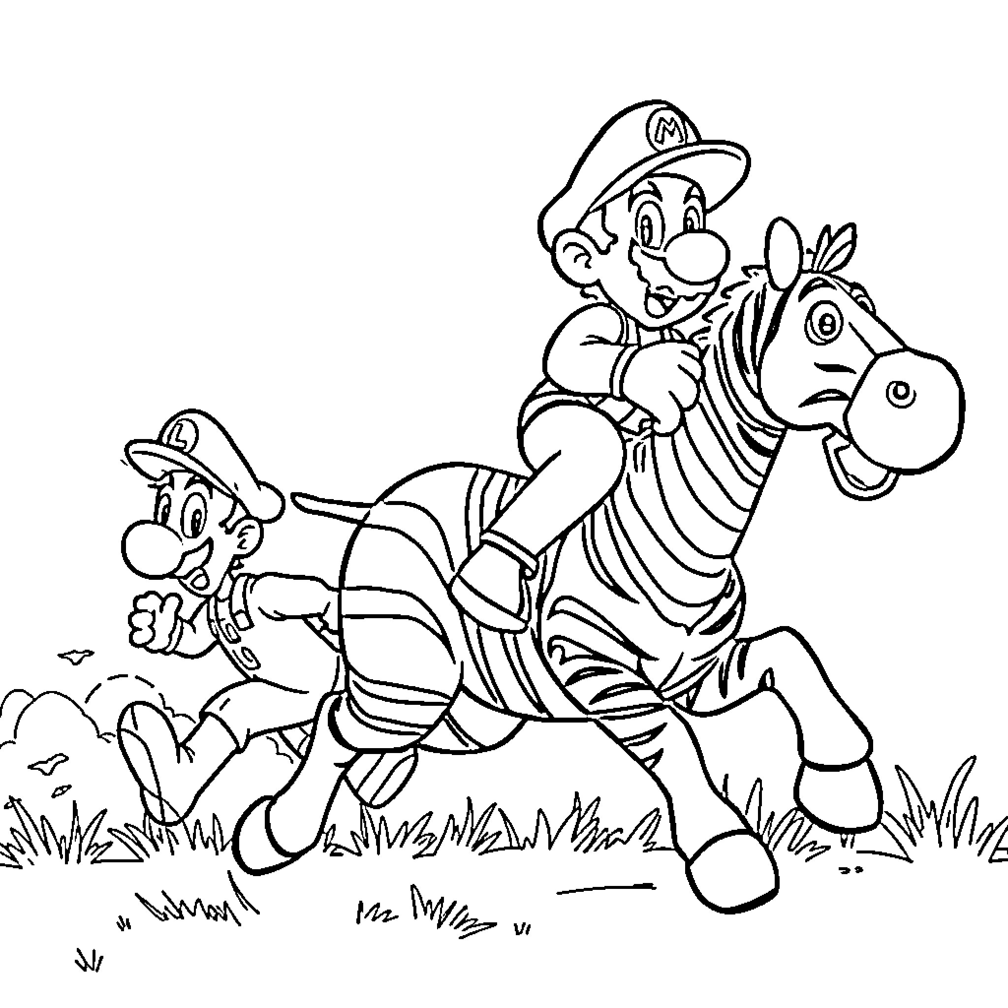 Mario riding a playful zebra in an outdoor scene Coloring Page (free black-and-white line drawing printable PDF for all, from beginners to advanced learners, including children, teens, adults, and seniors)