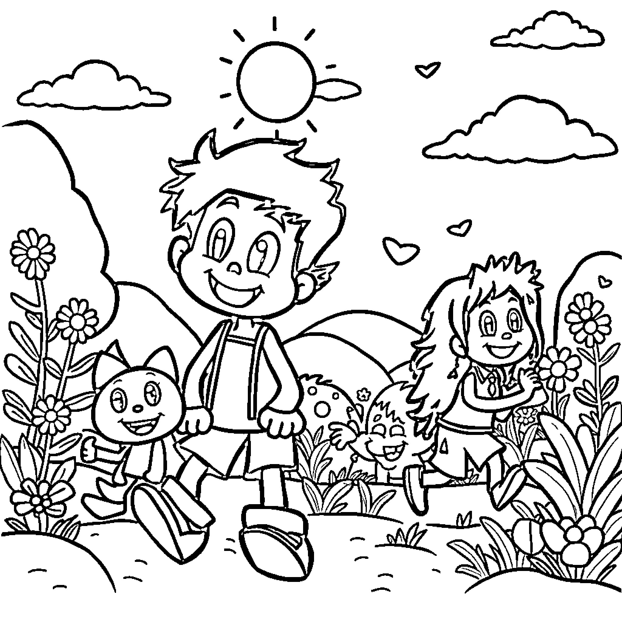 Animation of children playing happily in nature Coloring Page (free black-and-white line drawing printable PDF for all, from beginners to advanced learners, including children, teens, adults, and seniors)
