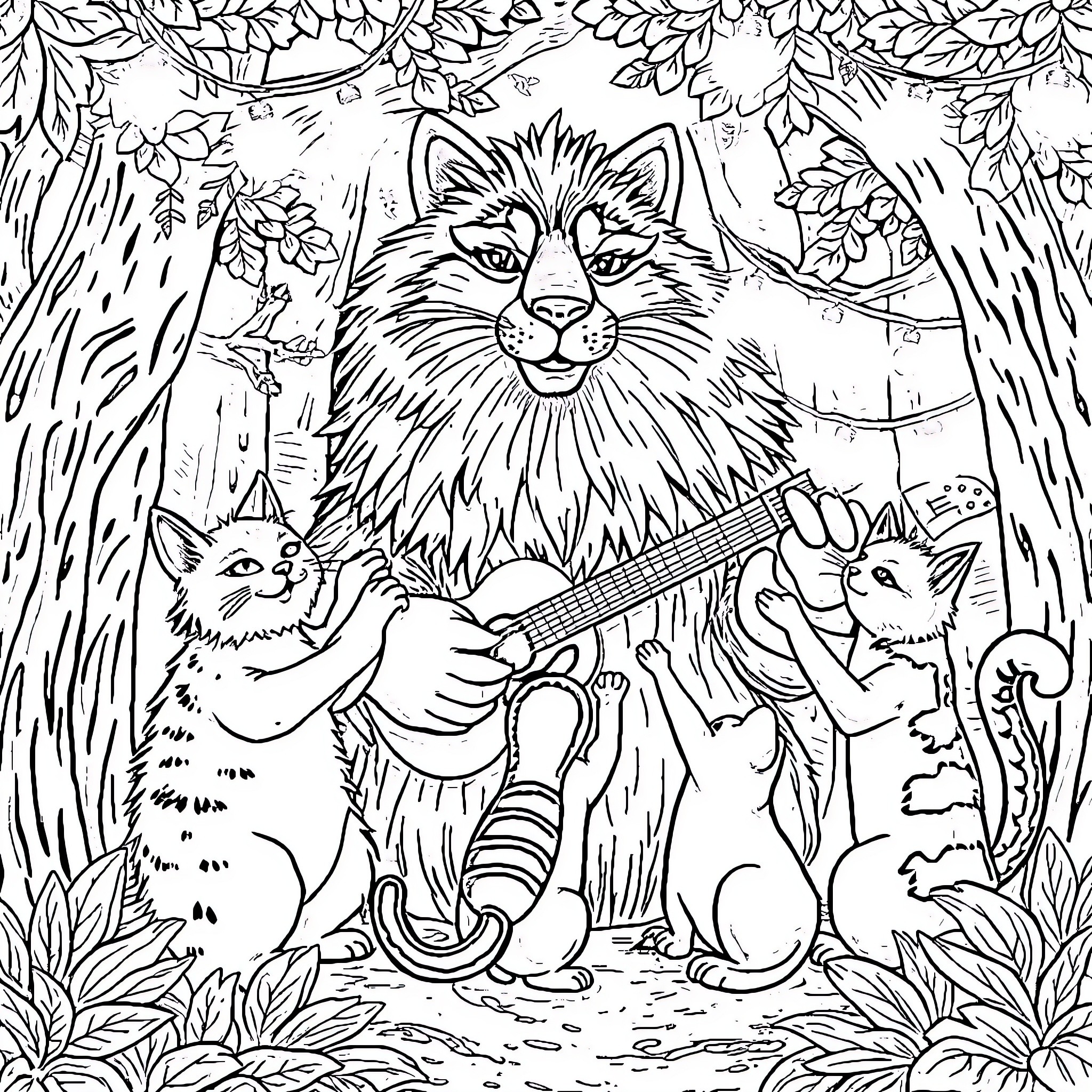 Oso's Musical Jam in the Forest Coloring Page (free black-and-white line drawing printable PDF for all, from beginners to advanced learners, including children, teens, adults, and seniors)