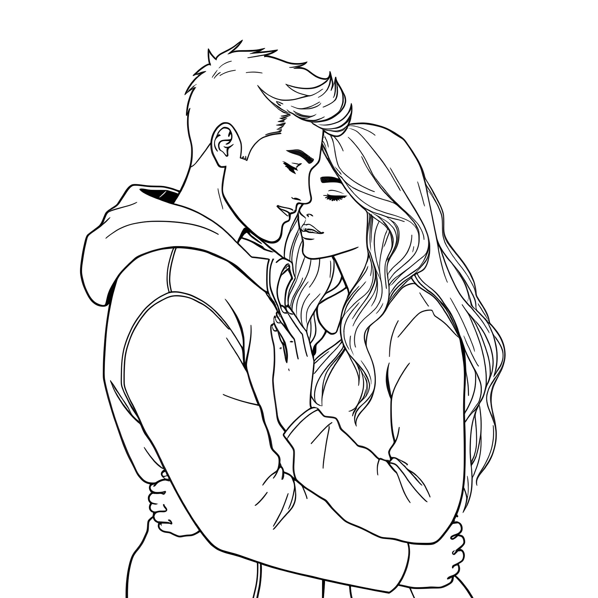 Man embracing woman tenderly Coloring Page (free black-and-white line drawing printable PDF for all, from beginners to advanced learners, including children, teens, adults, and seniors)