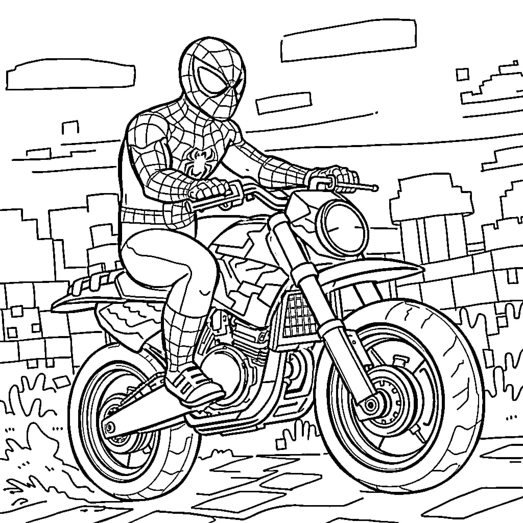 Spiderman riding a motorcycle through the city Coloring Page (free black-and-white line drawing printable PDF for all, from beginners to advanced learners, including children, teens, adults, and seniors)