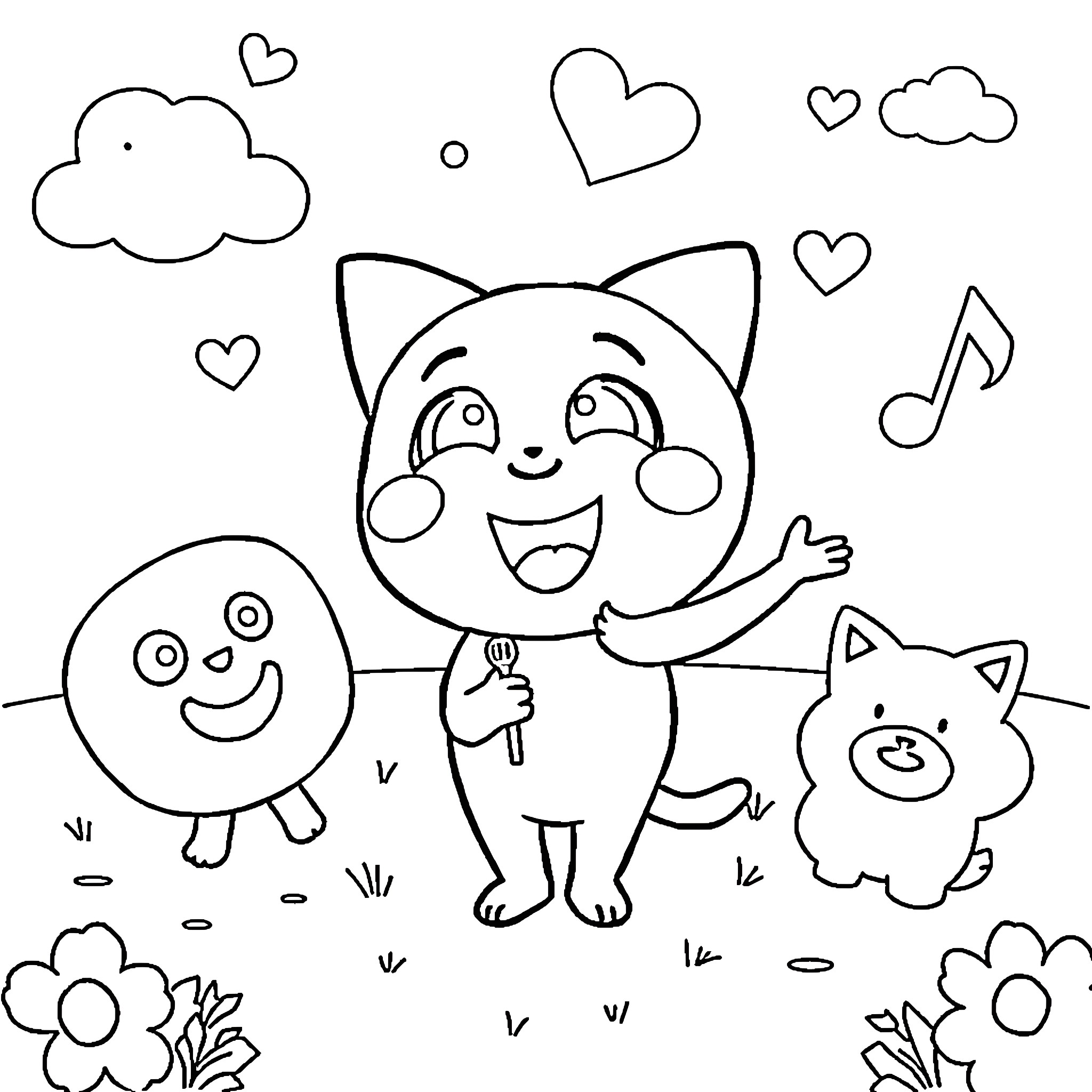 Pink Fong friends playing and singing happily Coloring Page (free black-and-white line drawing printable PDF for all, from beginners to advanced learners, including children, teens, adults, and seniors)