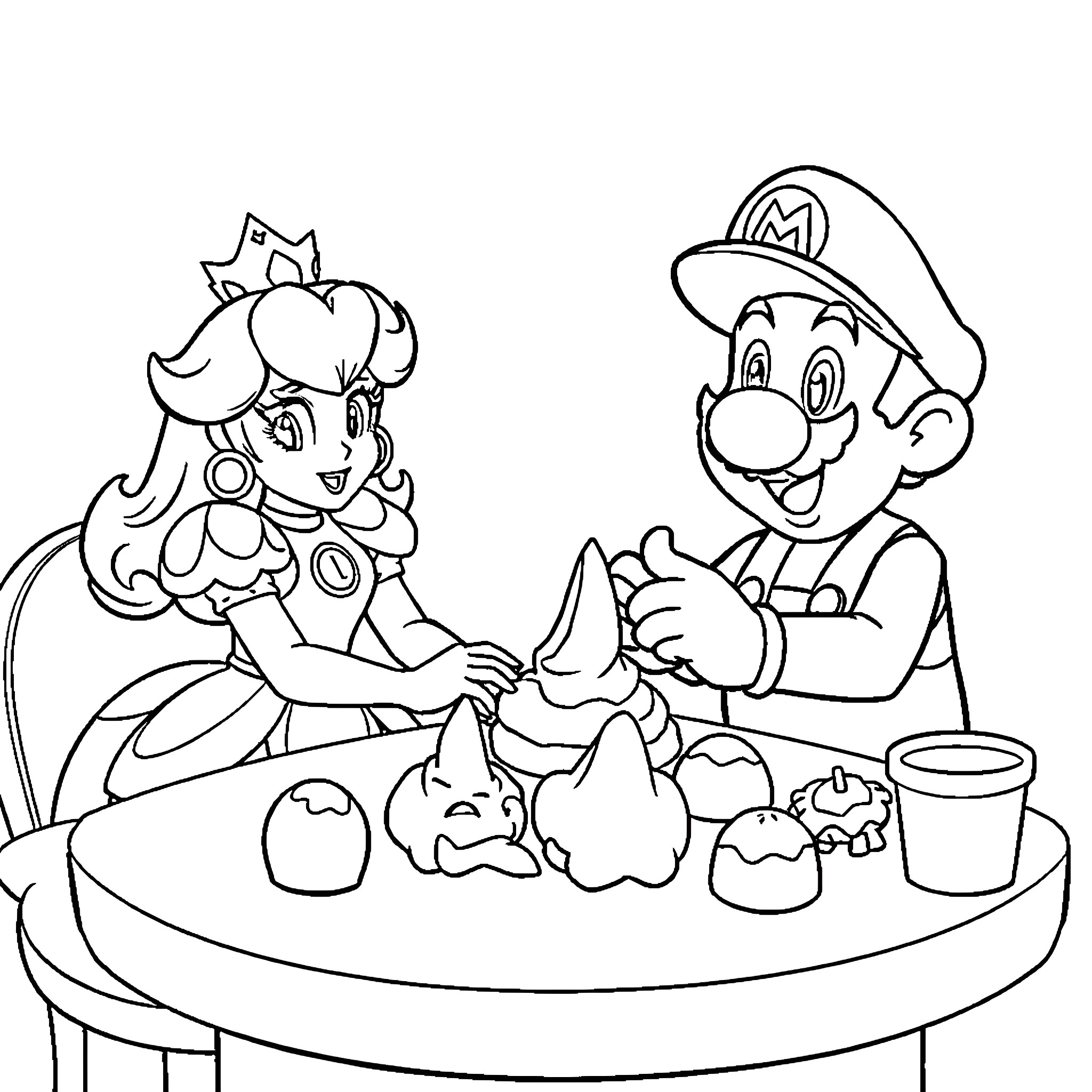 Princess and Plumber Sharing a Meal Coloring Page (free black-and-white line drawing printable PDF for all, from beginners to advanced learners, including children, teens, adults, and seniors)