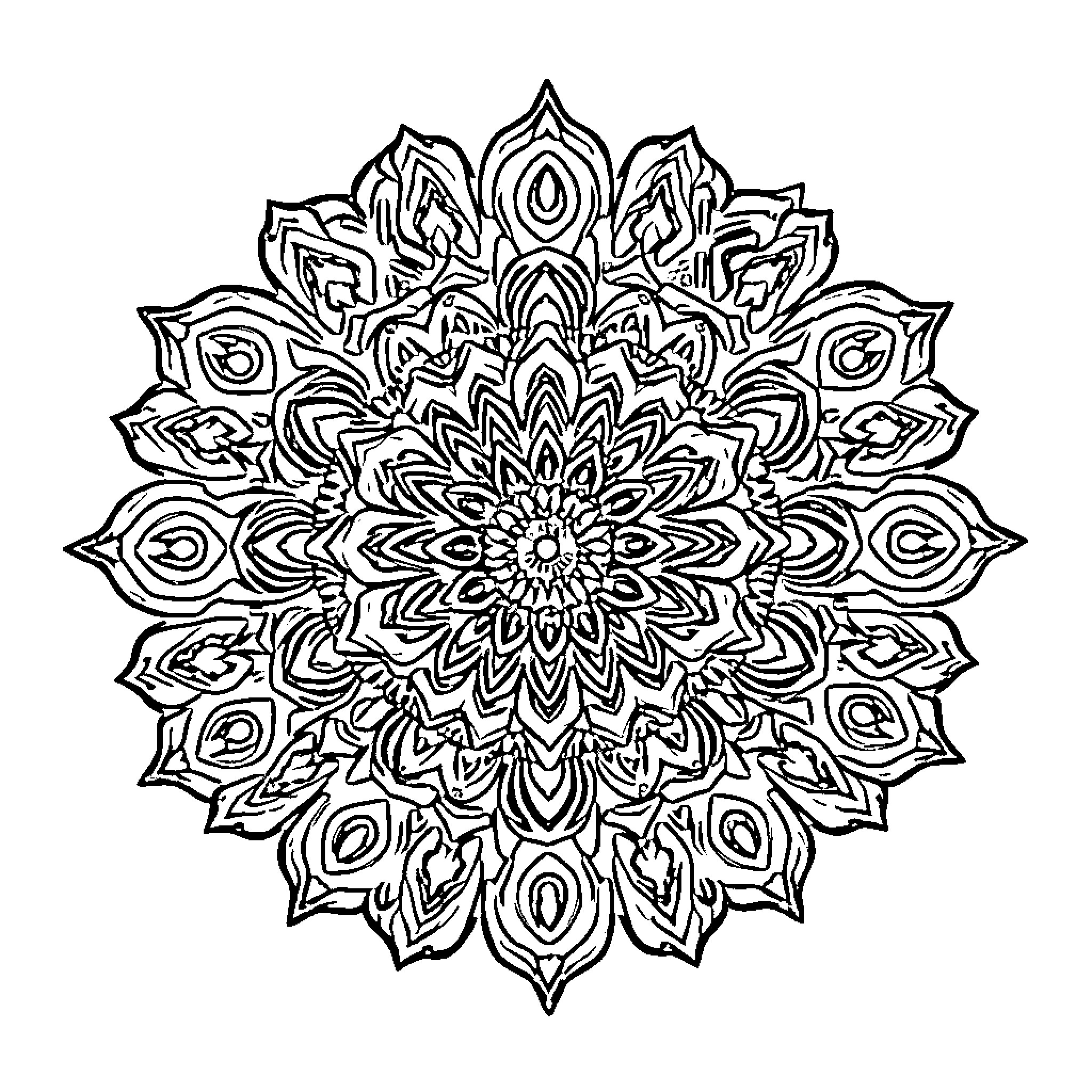 Mandala of intricate floral patterns Coloring Page (free black-and-white line drawing printable PDF for all, from beginners to advanced learners, including children, teens, adults, and seniors)