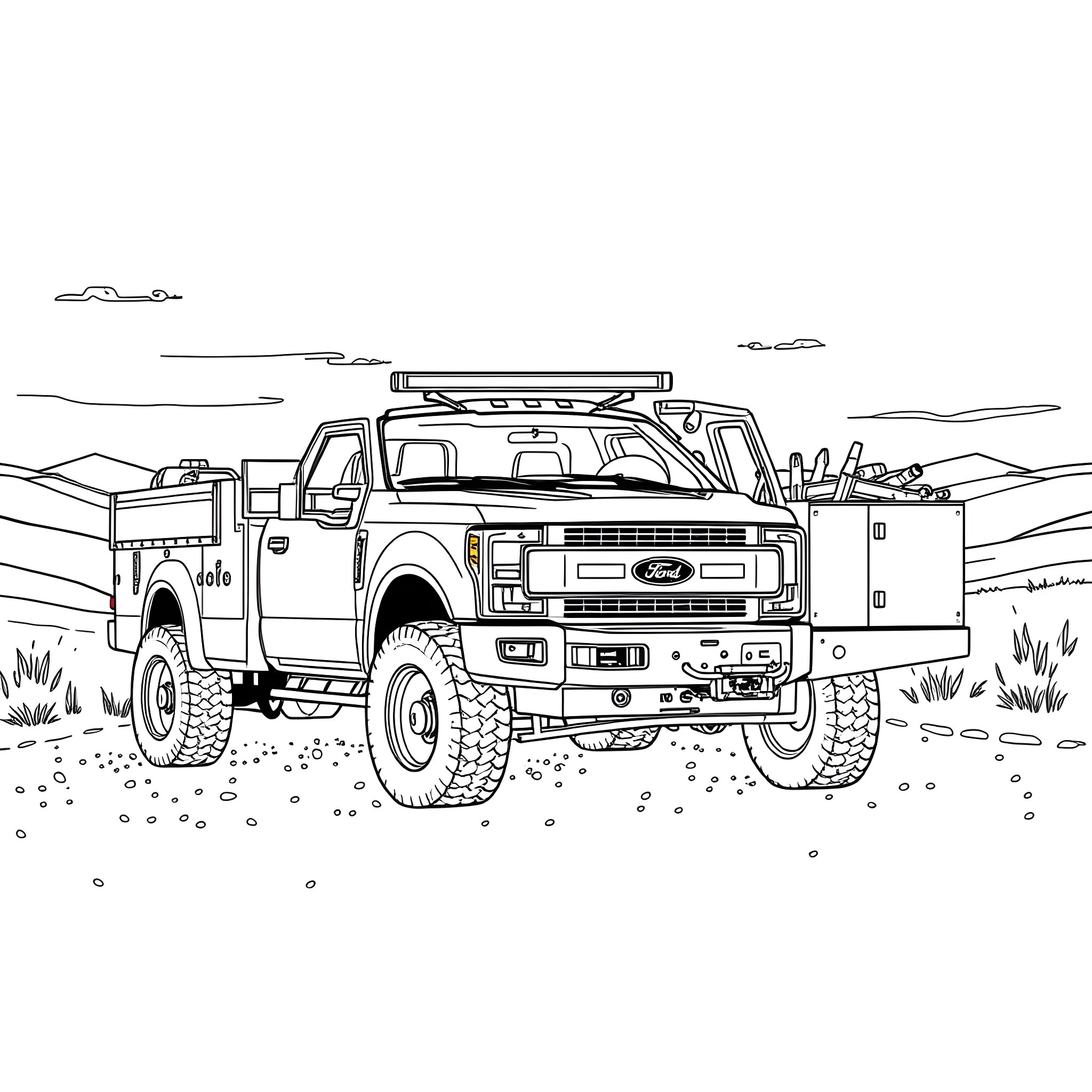 Pickup truck driving off-road in wilderness Coloring Page (free black-and-white line drawing printable PDF for all, from beginners to advanced learners, including children, teens, adults, and seniors)