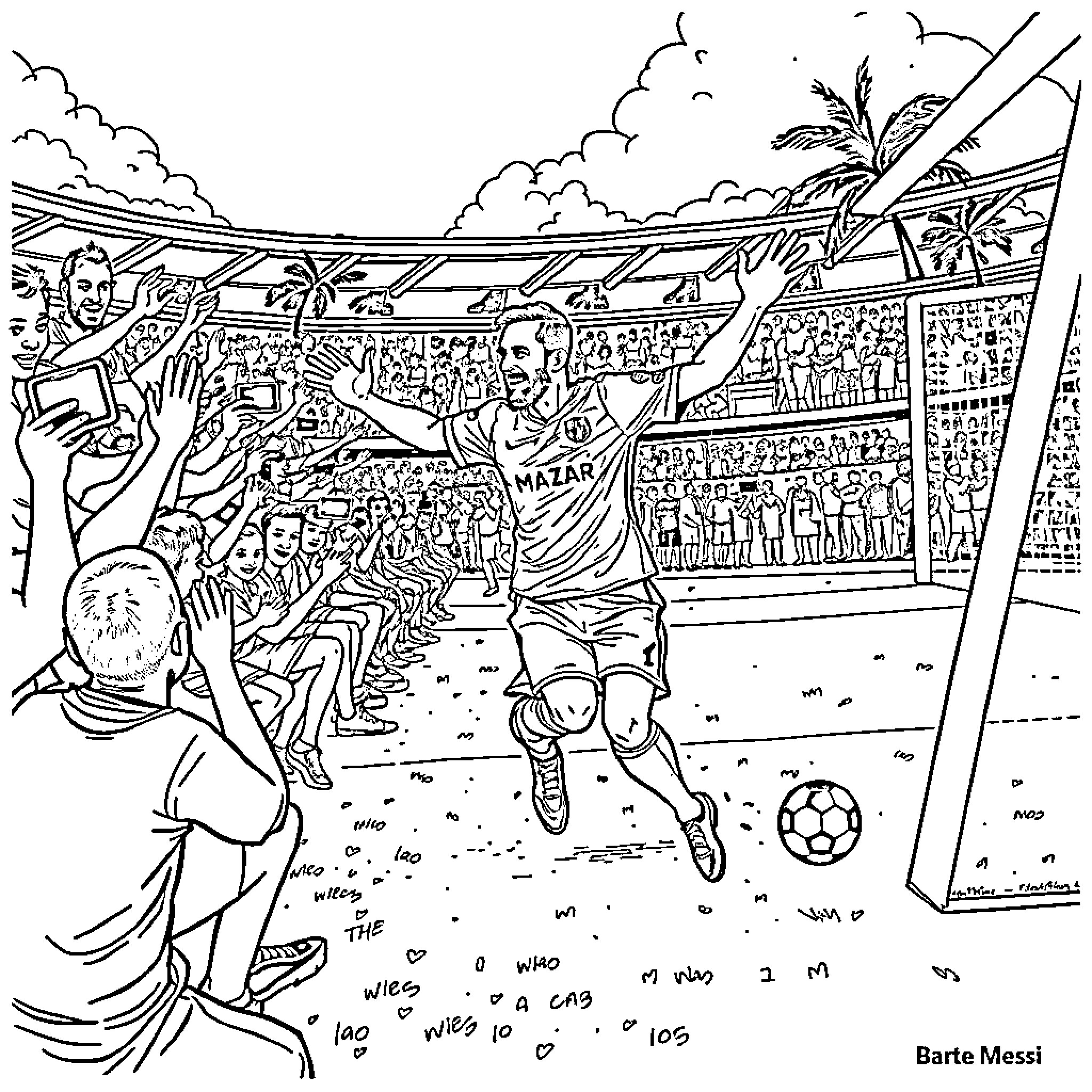 Messi playing soccer in a crowded stadium Coloring Page (free black-and-white line drawing printable PDF for all, from beginners to advanced learners, including children, teens, adults, and seniors)